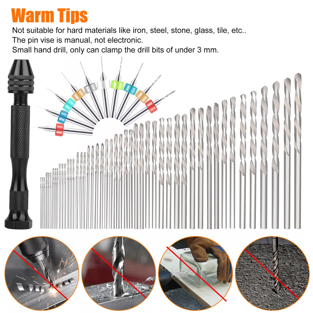 60X Mini Micro Hand Drill Bits Set Small Manual Keyless Chuck Pin Vise Rotary