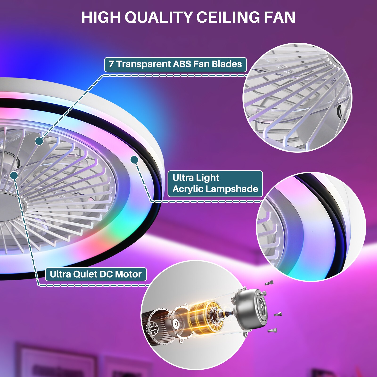 19in Flush Mount LED Ceiling Fan with RGB Light Remote & APP Control Fan Light