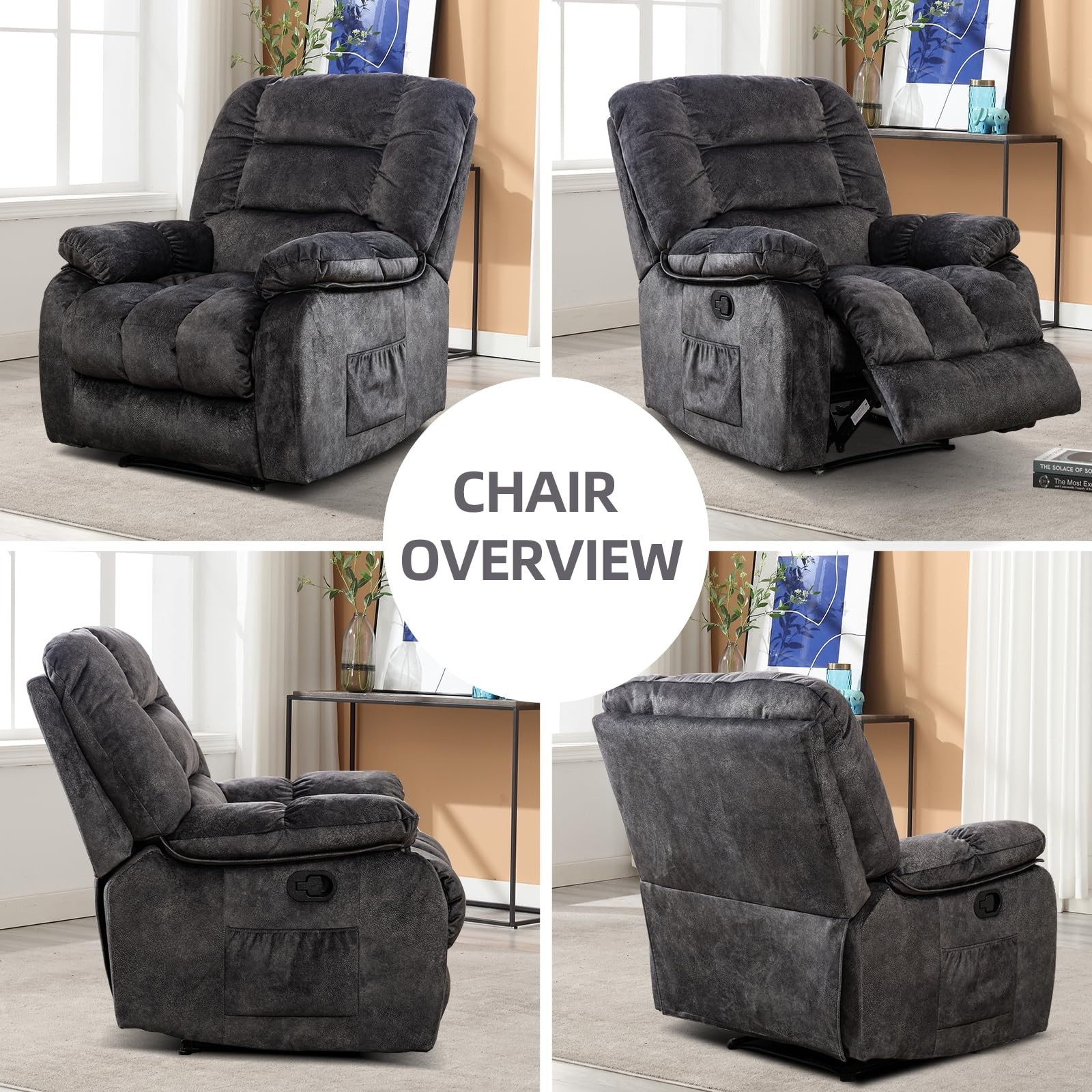Canmov Manual Recliner Chair with Vibration Massage and Heat, Soft Fabric Chair