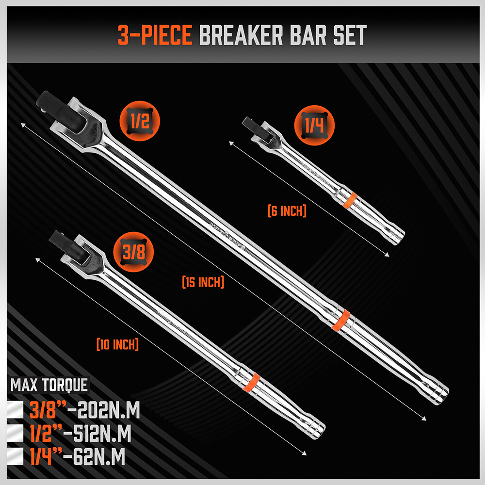 Breaker Bars Set 3PC 1/4″ 3/8” 1/2” Dr 180° Rotatable Head 6″ 10″ 15″ Length