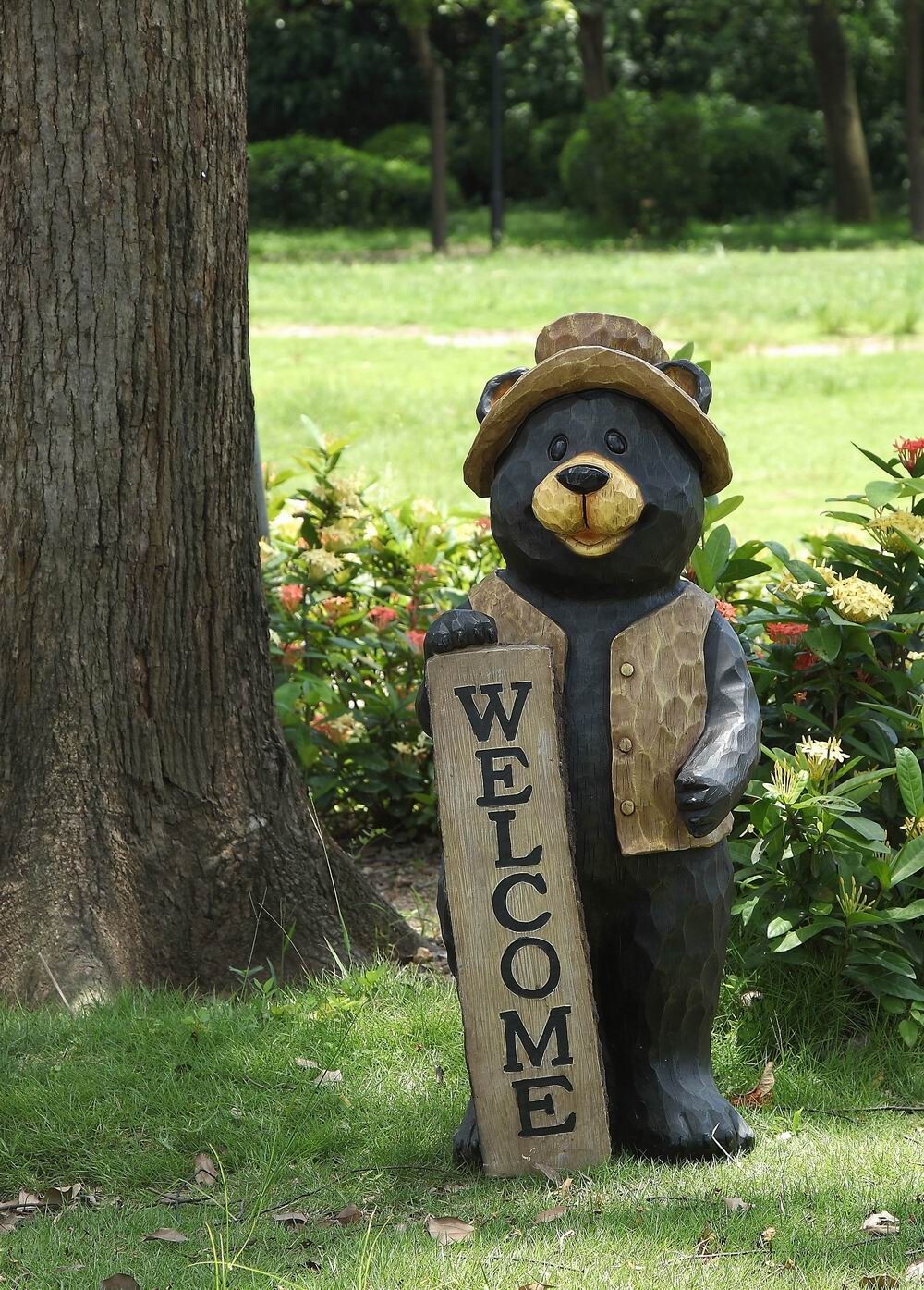 30 IN Standing Bear Decor W/Welcome Sign Garden Decor Garden Statue For Entryway