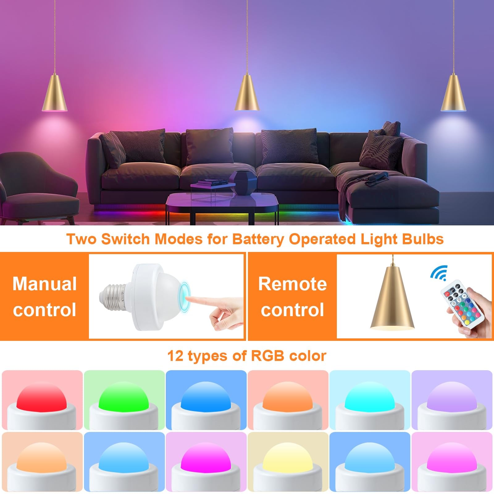 Dijiahua Gold Battery Operated Pendant Lights Kitchen 3 Pack, -RGB color