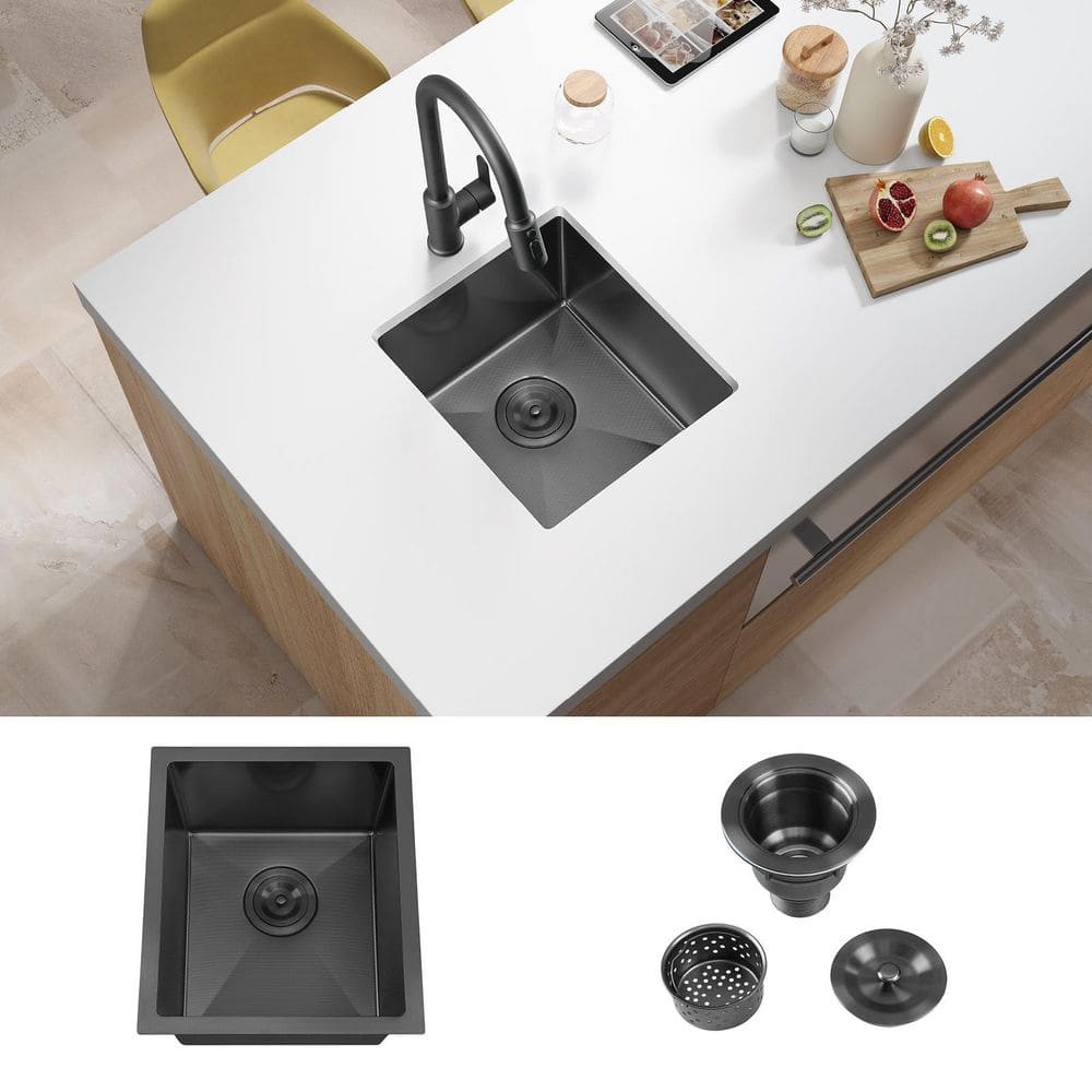 Attop 15″ Undermount Single Bowl 18-Gauge Nano Black Stainless Steel Sink