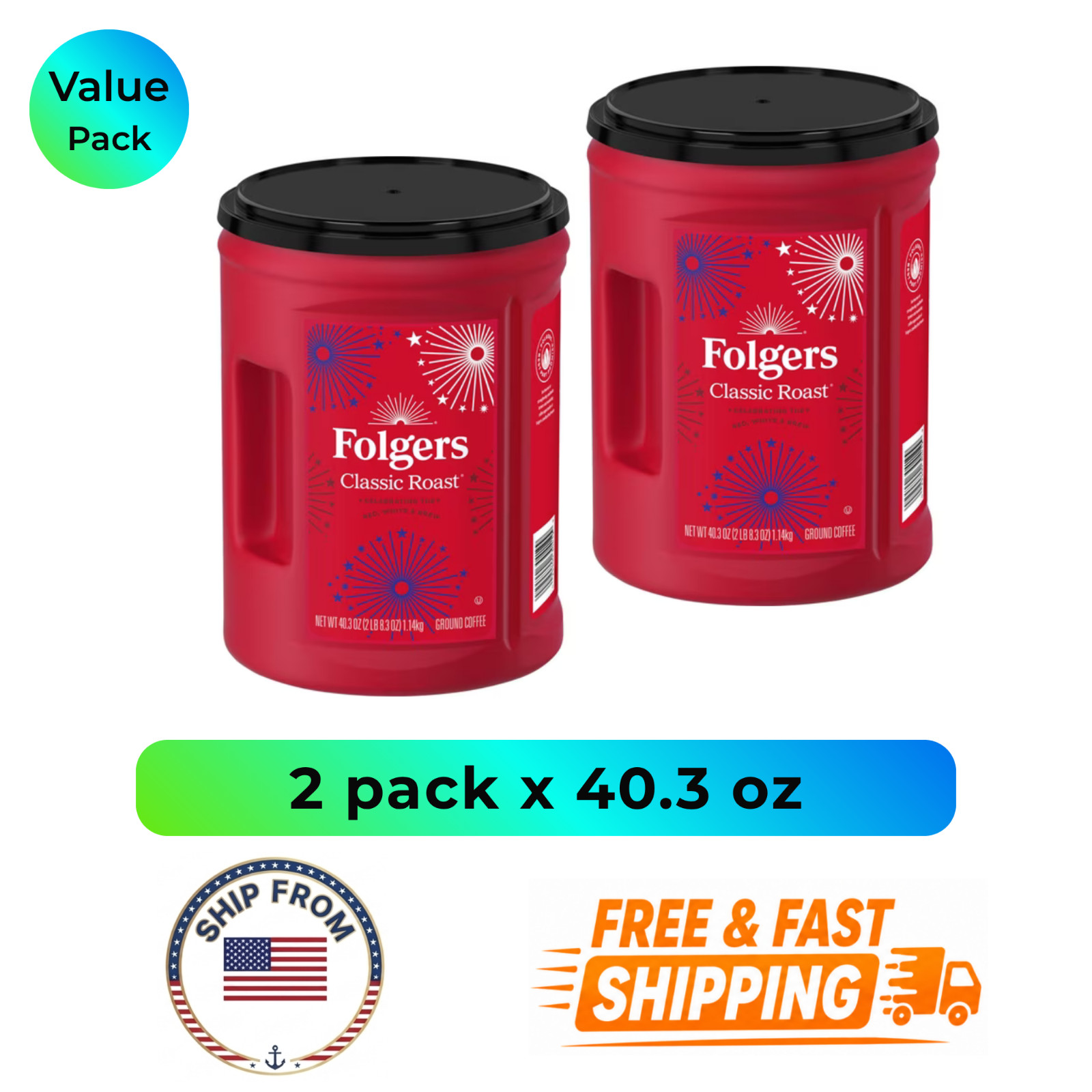 (2 pack) Folgers Classic Roast Ground Coffee, Medium Roast, 40.3 oz Canister