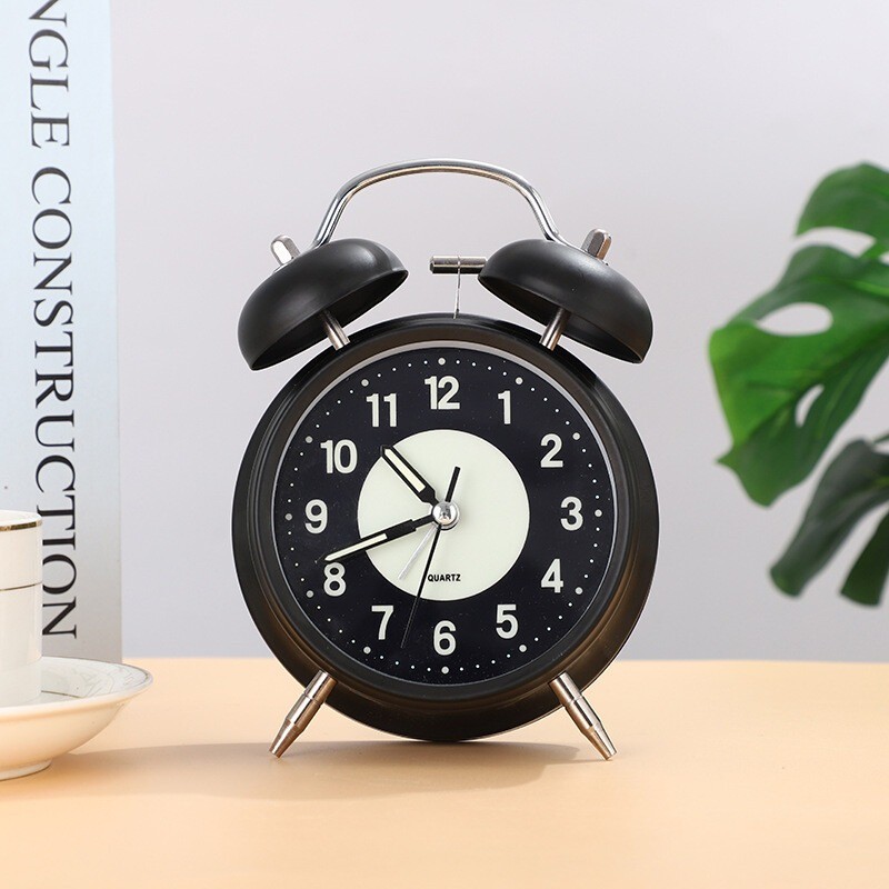 Retro Twin Bell Alarm Clock Quartz Silent Luminous Dial Nightlight Analog Clock