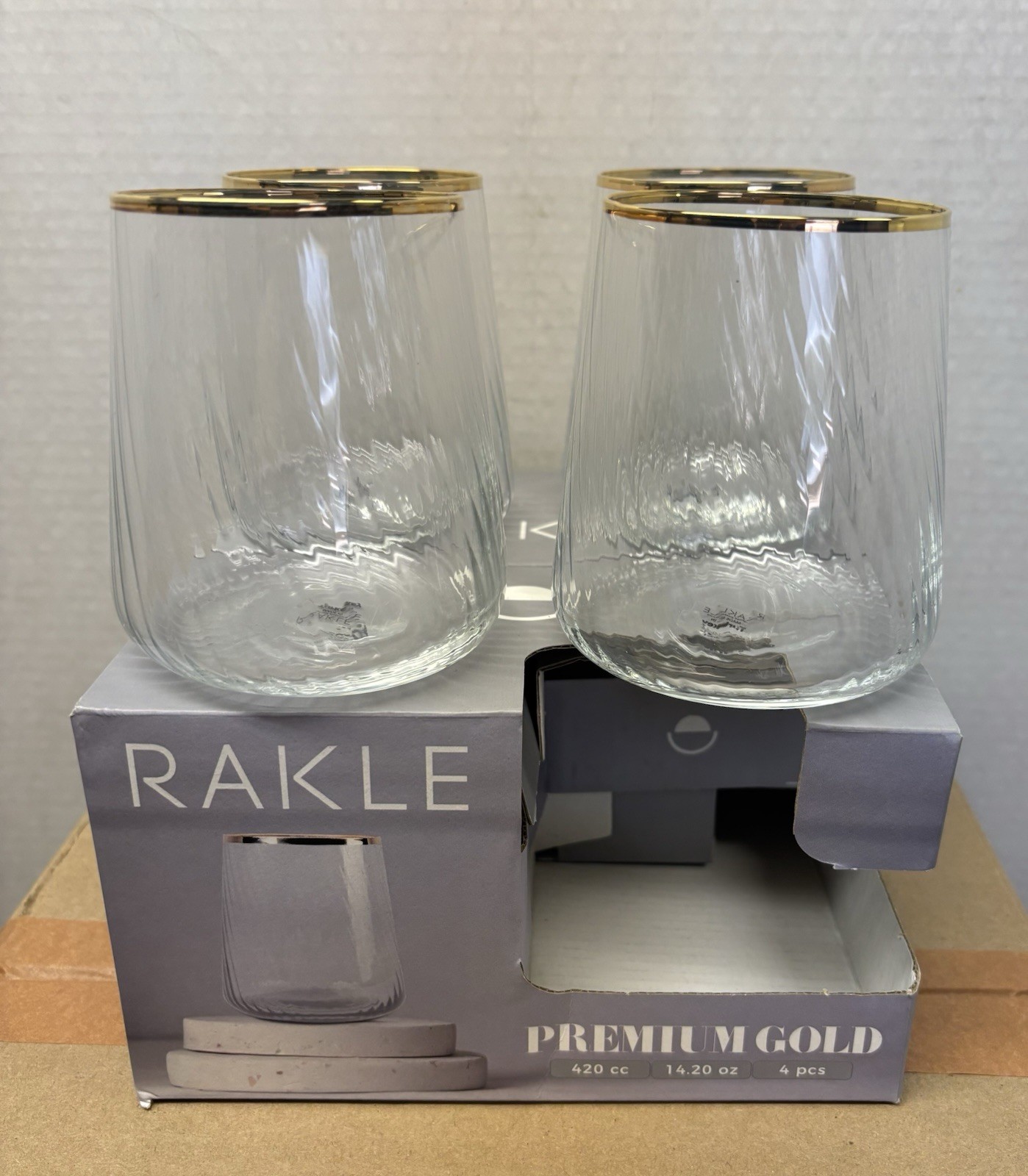 RAKLE Premium Gold 14.2 oz Tumbler Glasses (4) Made in Turkey NEW OPEN BOX