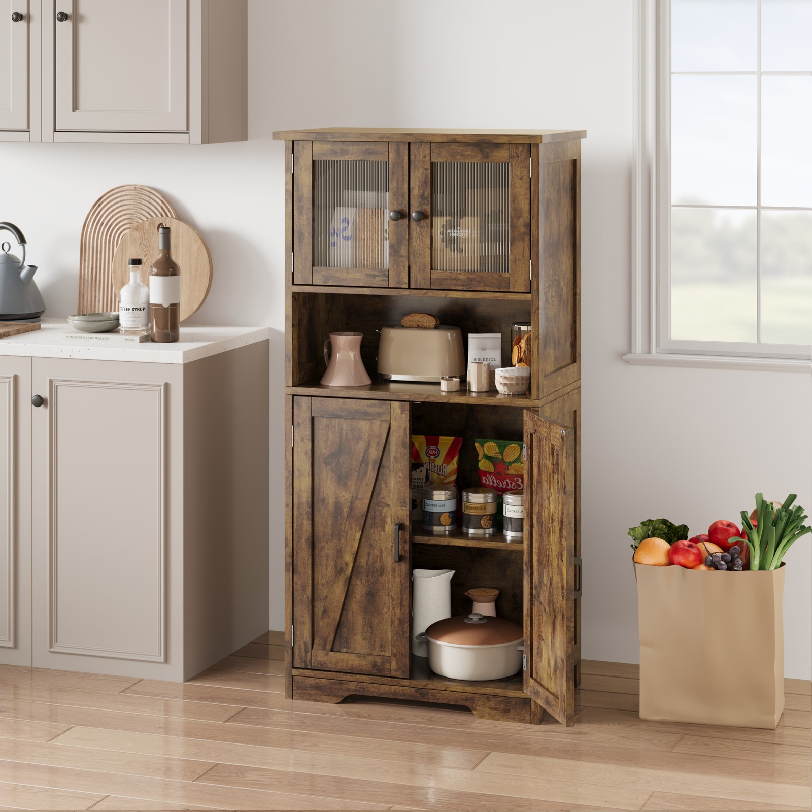 Storage Cabinet with Glass Doors & Adjustable Shelves, Kitchen Pantry Cabinet
