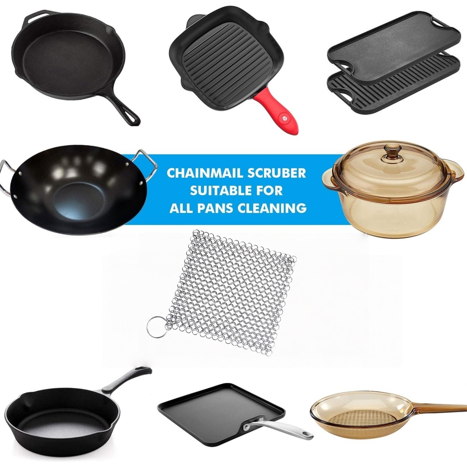 Reusable 7×7 Inch Stainless Steel Chainmail Scrubber Easy to Clean 100% New