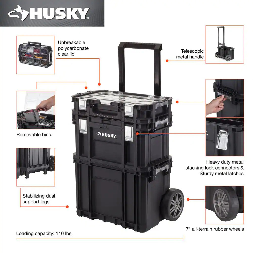 22 in. Husky Portable Rolling Tool Box on Wheels Cart Part Organizer Storage Bin