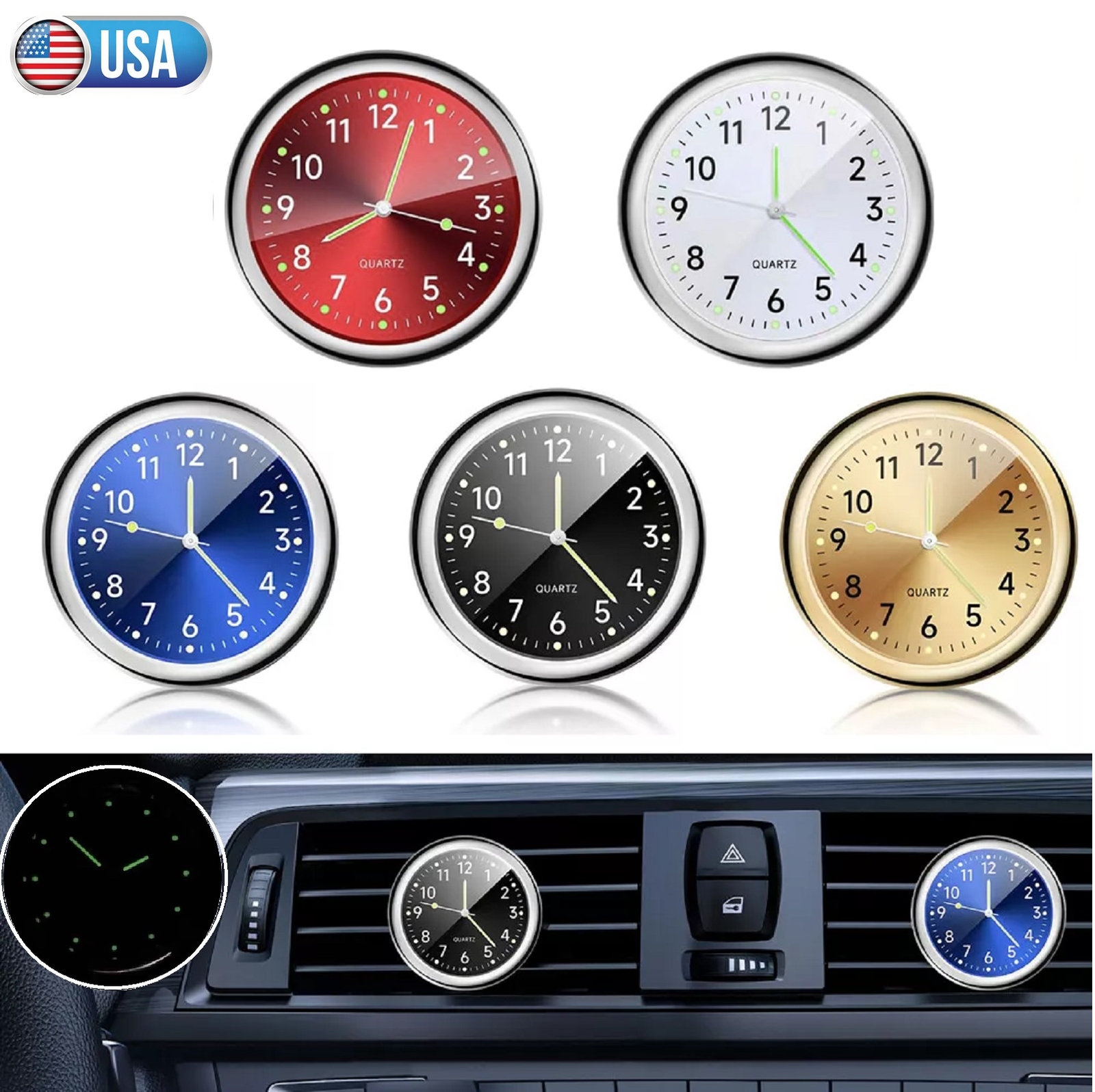 Car Dashboard Clock Mini Tiny Analog Clock Watch for Vehicle Stick On Clock USA