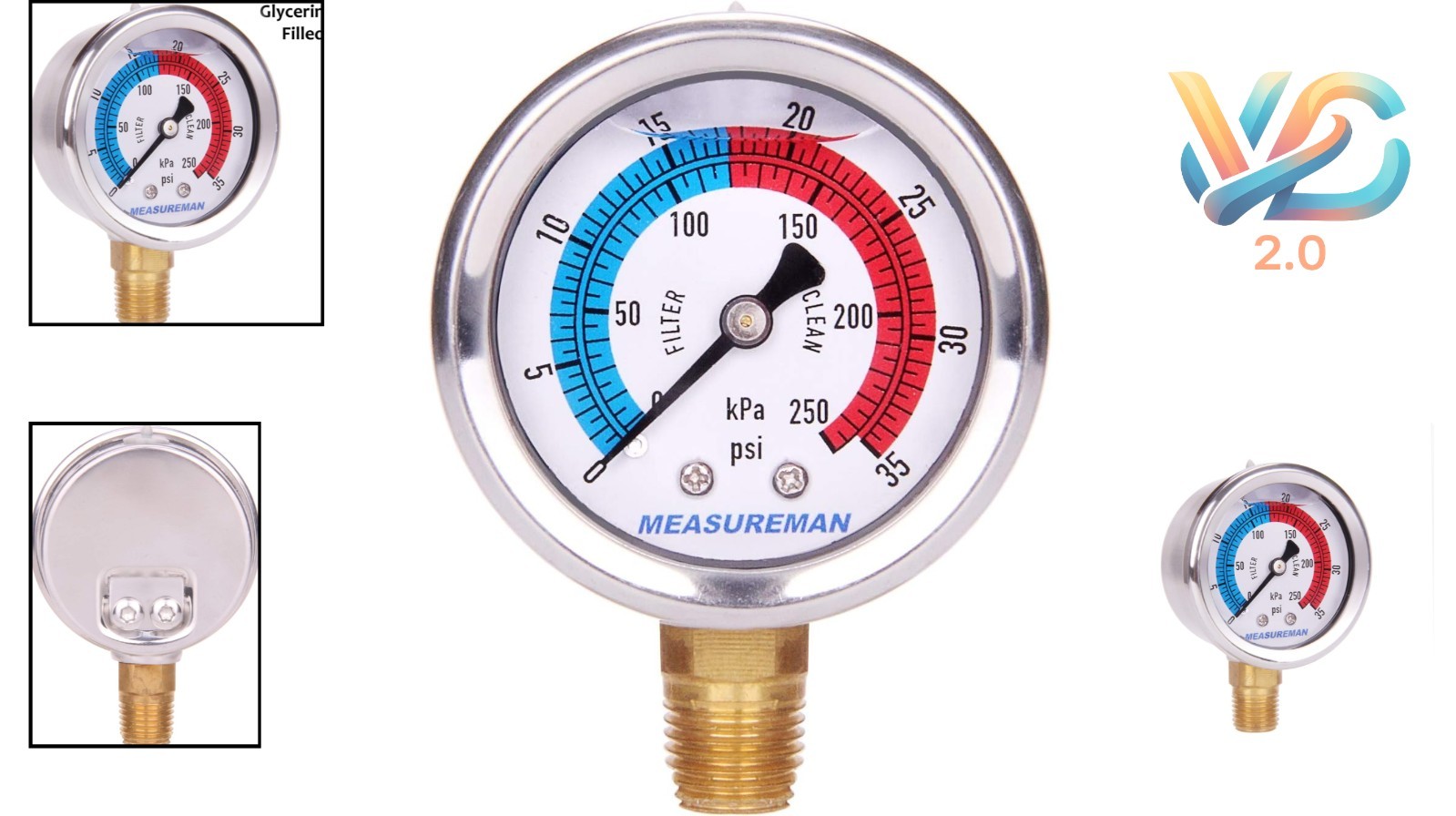 Stainless Steel Pool Filter Pressure Gauge 2″ Dial 0-35psi NPT Mount
