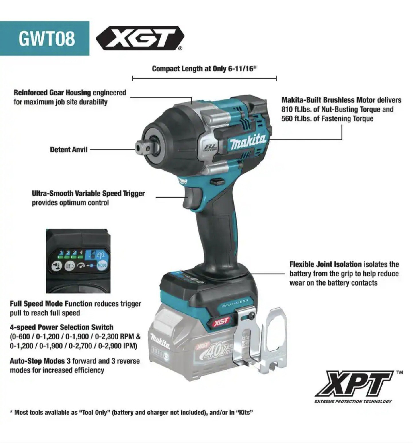 Makita XGT 40V Brushless 1/2″ Mid-Torque Impact Wrench 810 ft-lbs,model GWT08Z