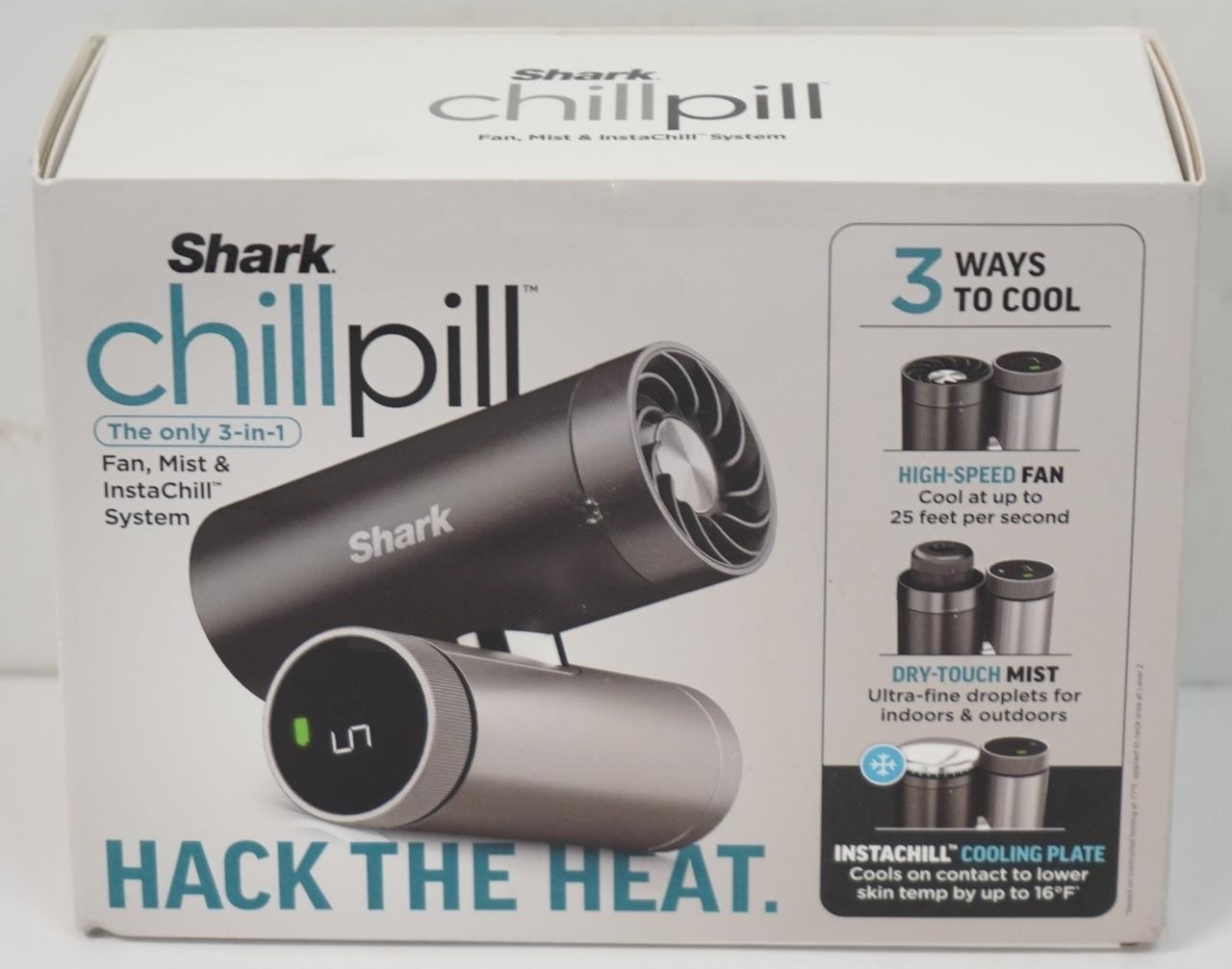 NEW – Shark ChillPill 3-in-1 Portable Fan Mist & Instachill System FA022 – Gray