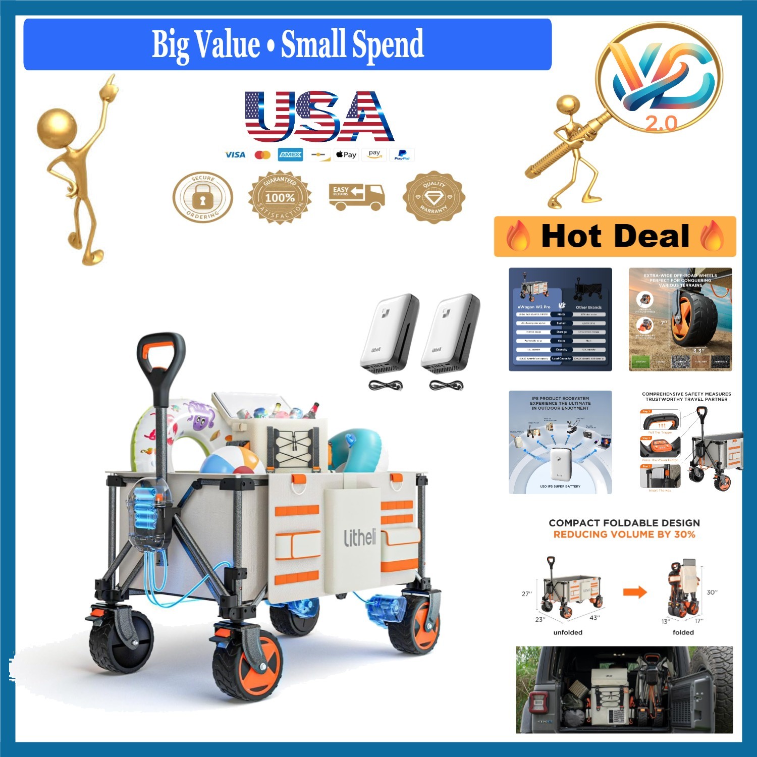 Electric Utility Wagon Cart 150L 450lbs Capacity Foldable All-Terrain Wheels