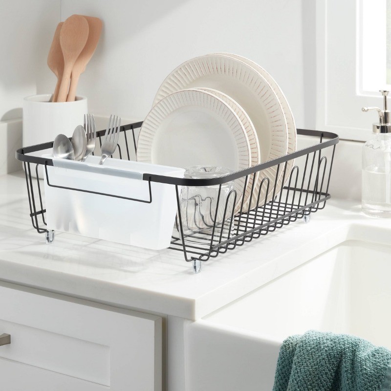 Large Steel Dish Drainer: Powder-Coated Freestanding Rack with Utensil Holder