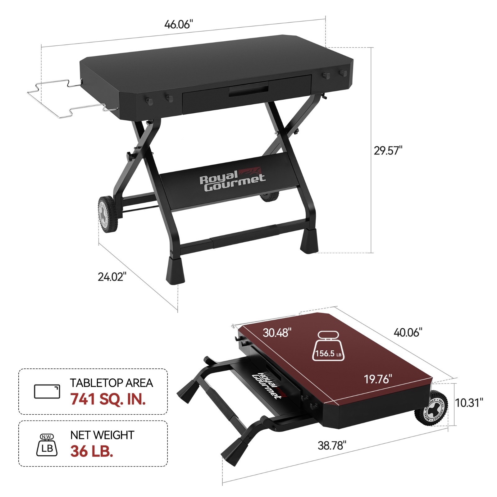 Royal Gourmet Portable Collapsible Grill Stand, Folding Grill Cart Trolley