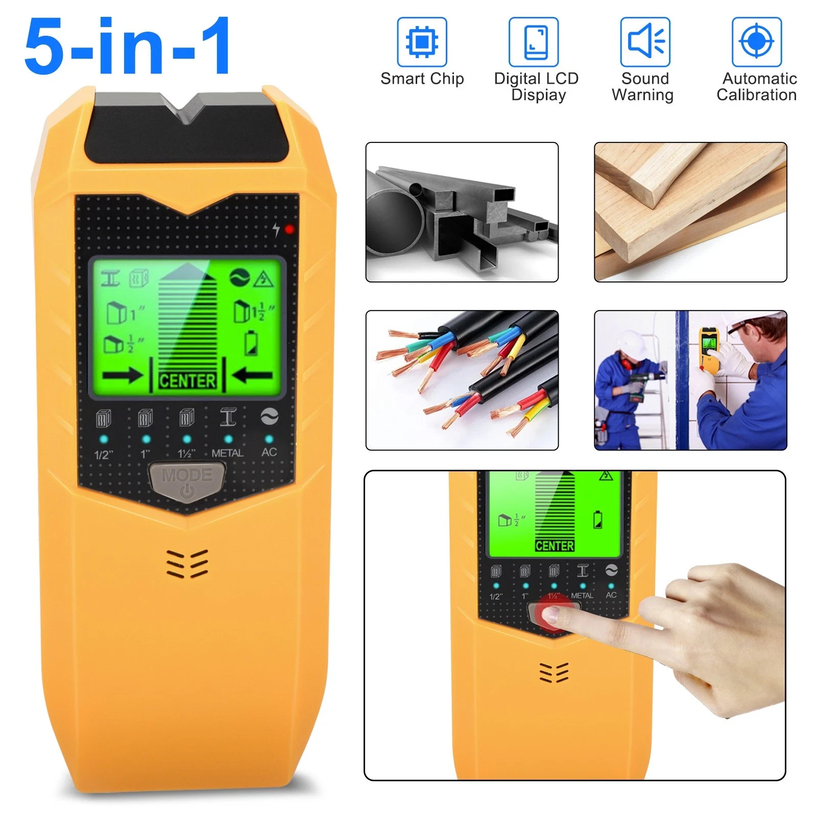 5 in 1 Stud Finder Wall Scanner LCD Display Detector for Wood AC Wire Metal Pipe