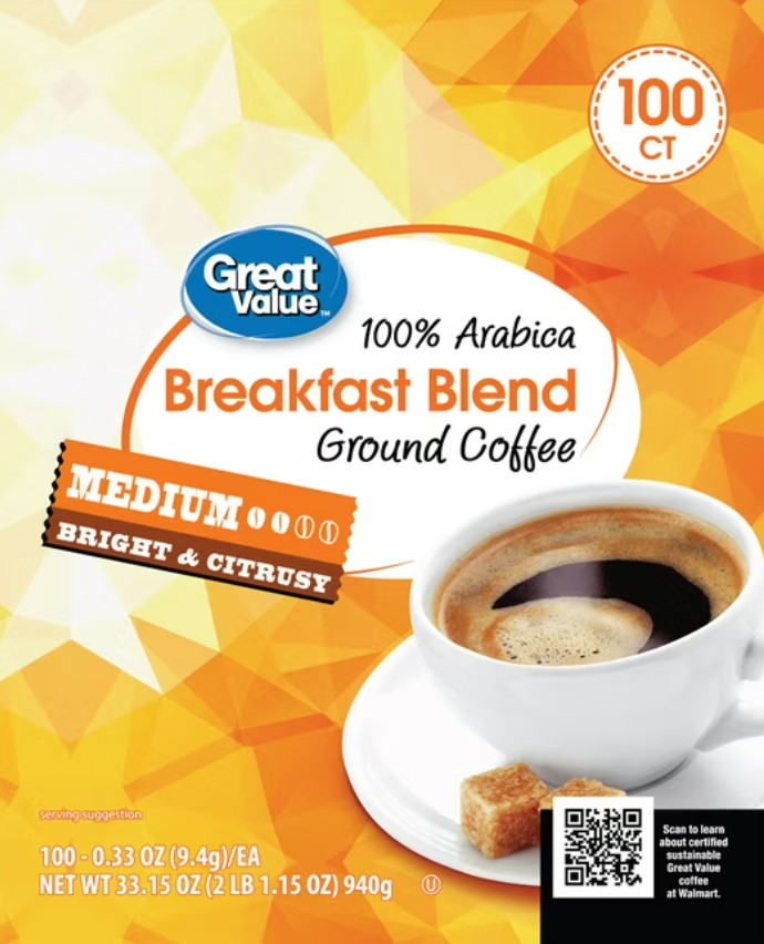 Great Value Arabica Breakfast Blend Coffee Pods Medium Roast 100 Count
