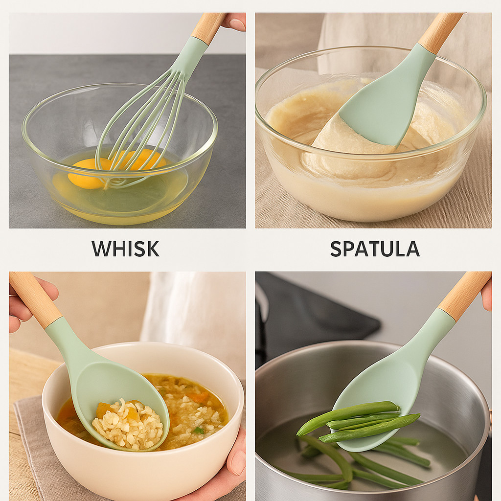 12 PCS Silicone Kitchenware Utensil Set with Wooden Handle & Holder Green