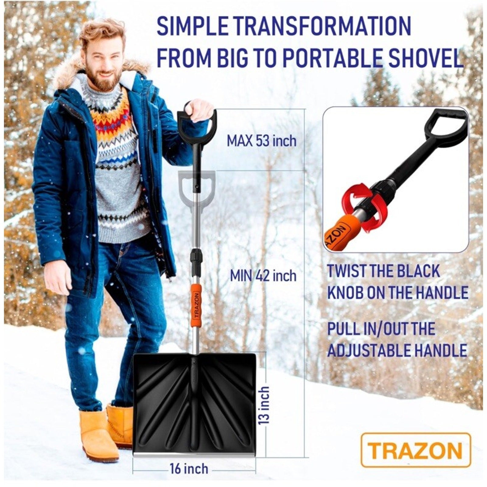 Snow Shovel for Driveway Car Home Garage – Portable Folding Snow Shovel with Ret