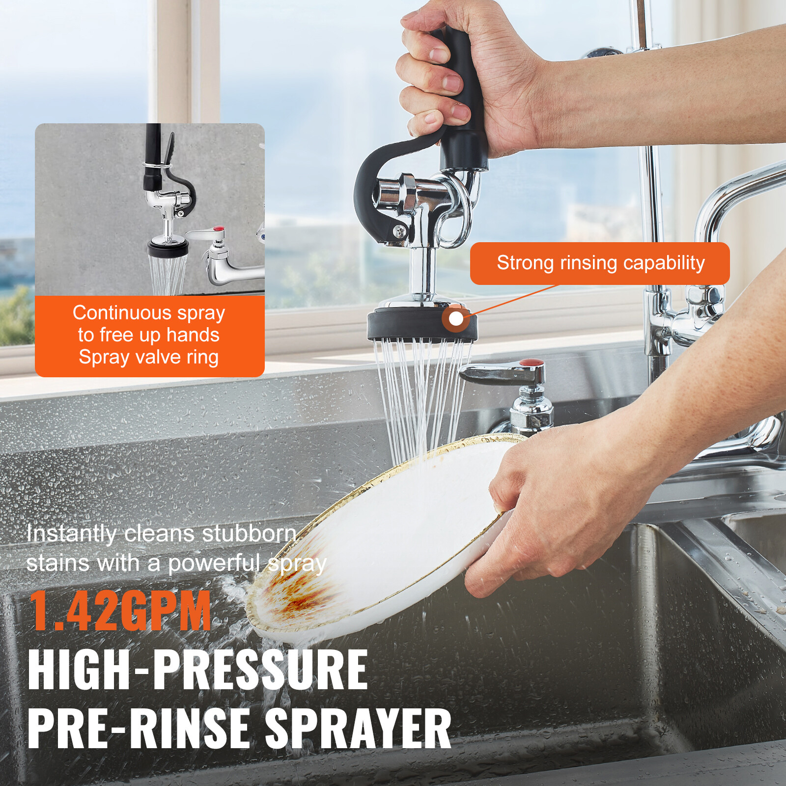 VEVOR 36″ Commercial Pre-Rinse Faucet Wall Mount Kitchen Sink Faucet w/ Sprayer