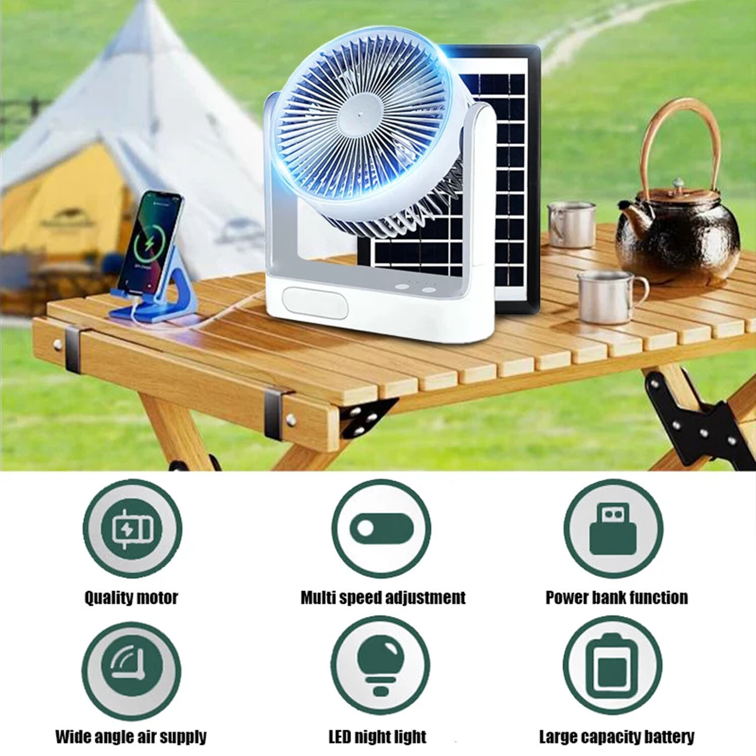2pack Rechargeable Solar Fan Set w/ Solar Panel 3 Speeds LED light 4 Free Bulbs