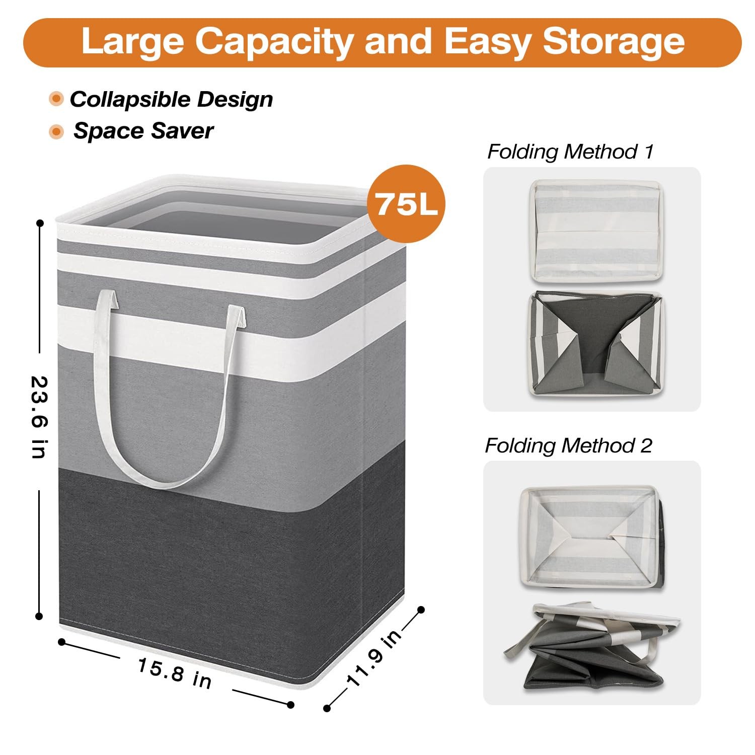 2-Pack Large Collapsible Laundry Baskets – 75L Freestanding Waterproof Hamper…