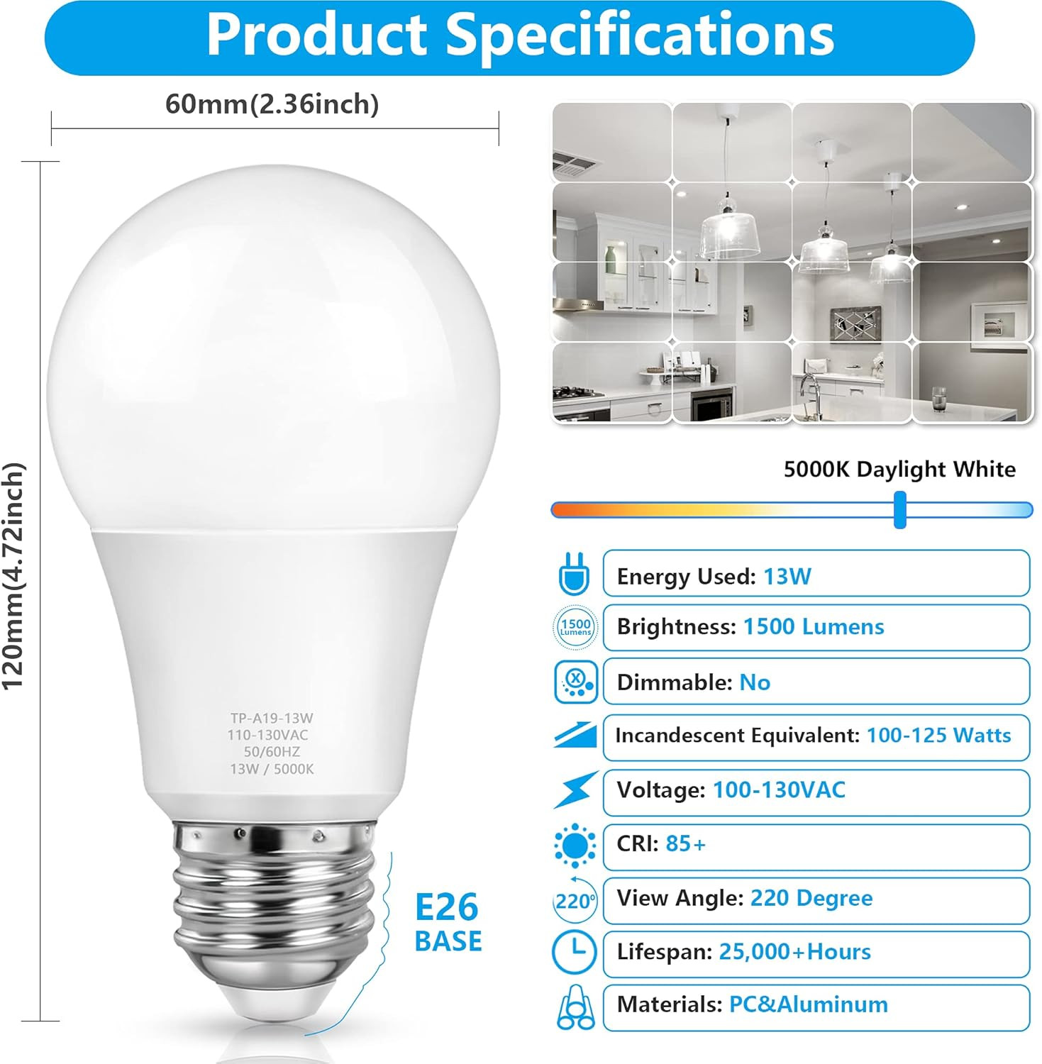 A19 LED Light Bulbs, 100 Watt Equivalent LED Bulbs, Daylight White 5000K, 1500LM