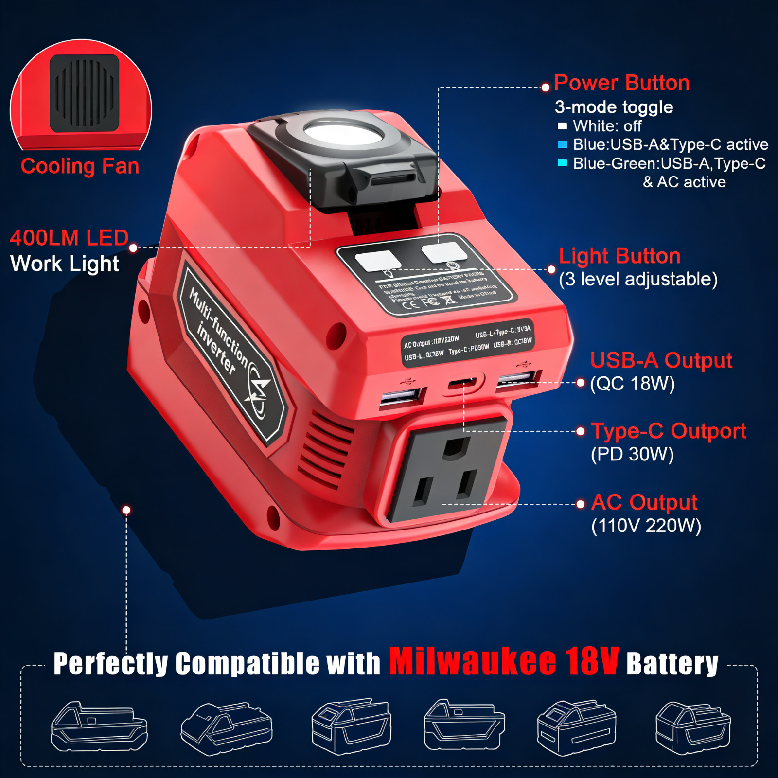 220W Power Inverter Compatible with Milwaukee 18V Battery, DC 18V to 110V AC