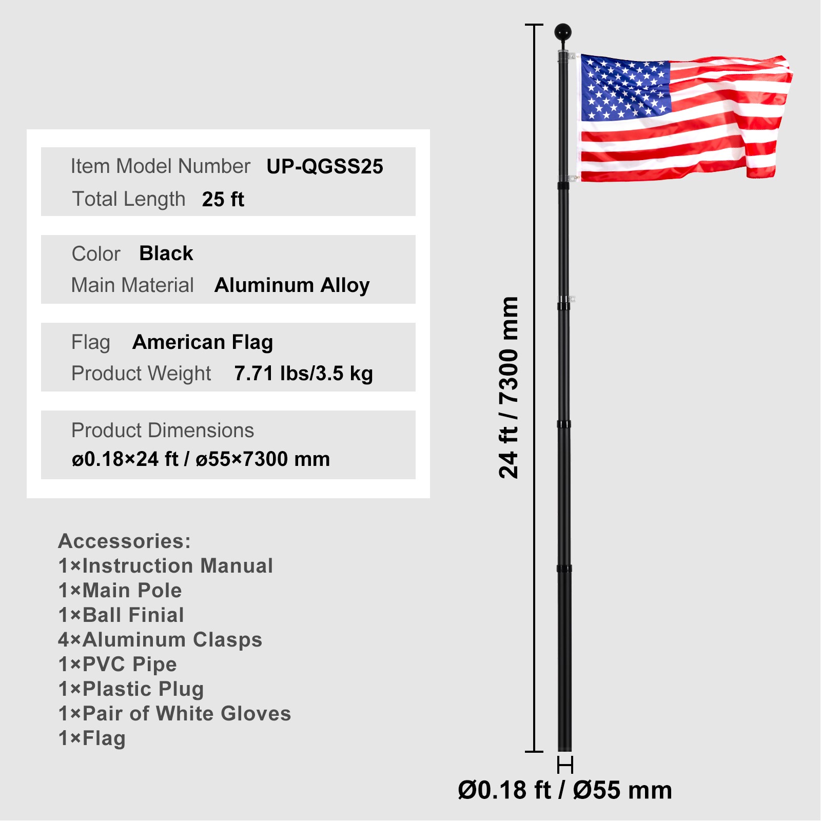 VEVOR 25FT Telescopic Flagpole Kit Heavy Duty Aluminum Flag Pole American Black
