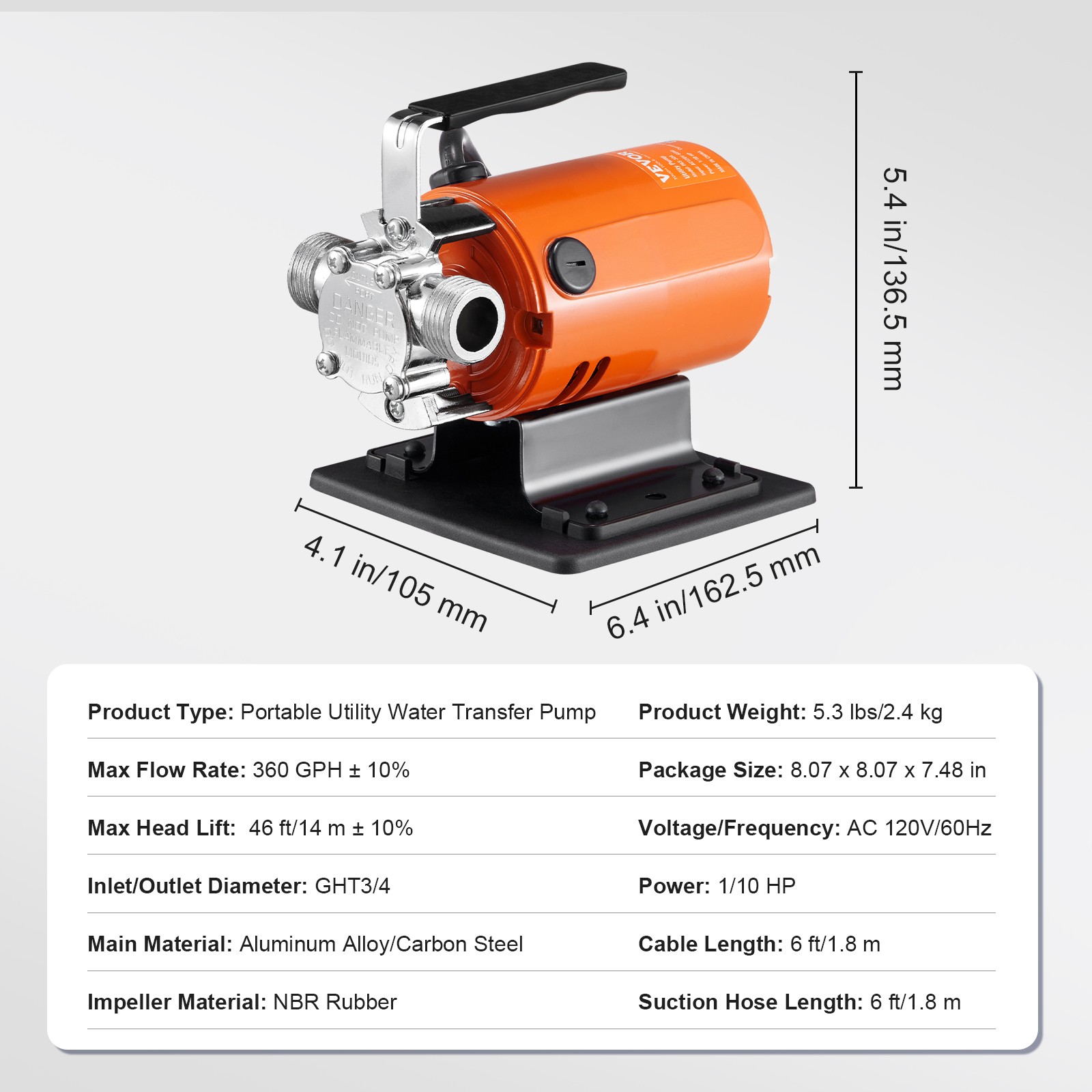 VEVOR Water Transfer Removal Pump Portable Utility Pump 120V 360 GPH 1/10HP Hose