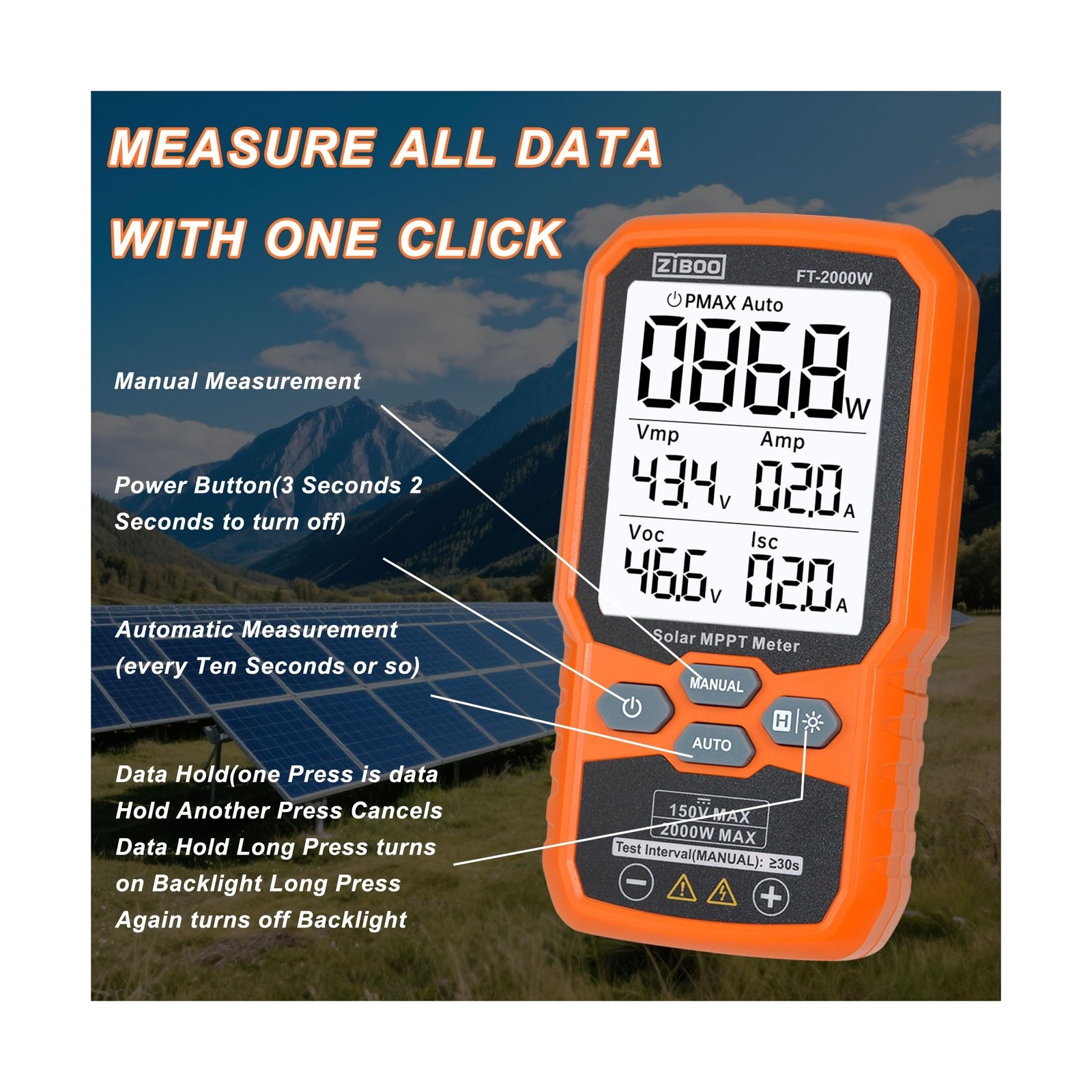 ZIBOO FT-2000W Solar Panel Tester MPPT Meter – 2000W Max Power, 150V/35A PV M…
