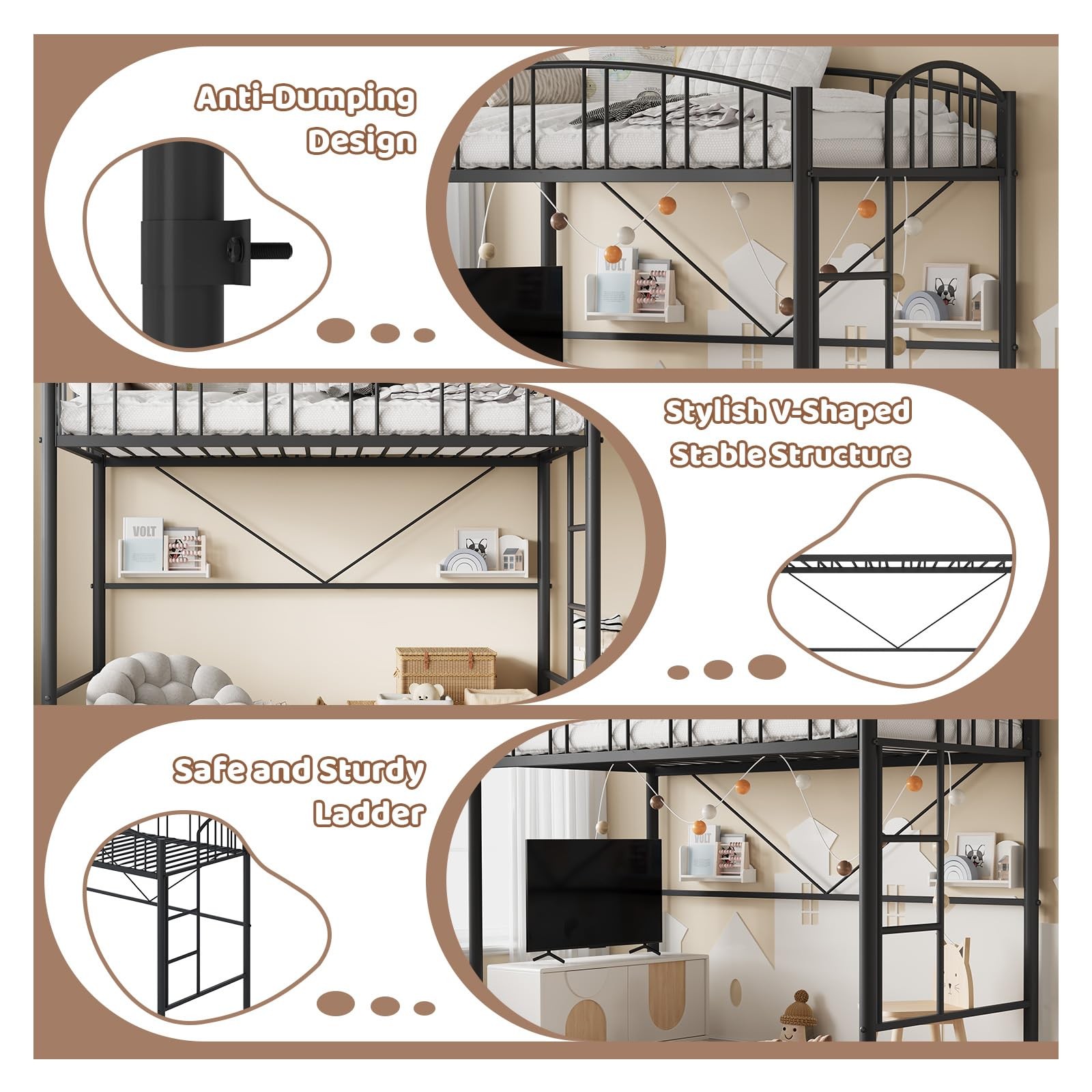 Metal Loft Bed Frame Twin Size, Sturdy with Safety Guardrail for Teens & Adults