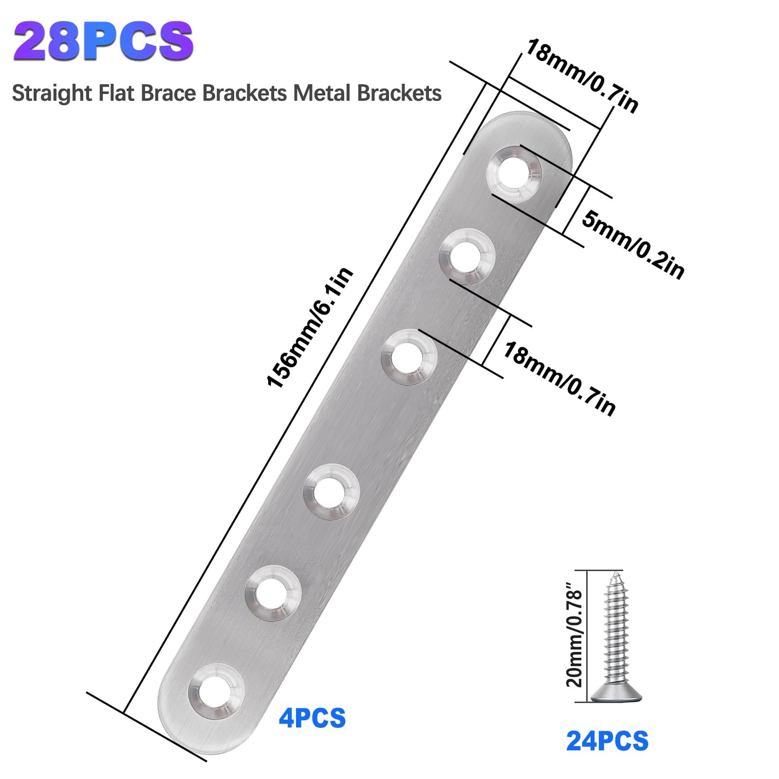 28PCS Stainless Steel Straight Flat Brackets, Metal Brackets for Wood (6.1X0.78I