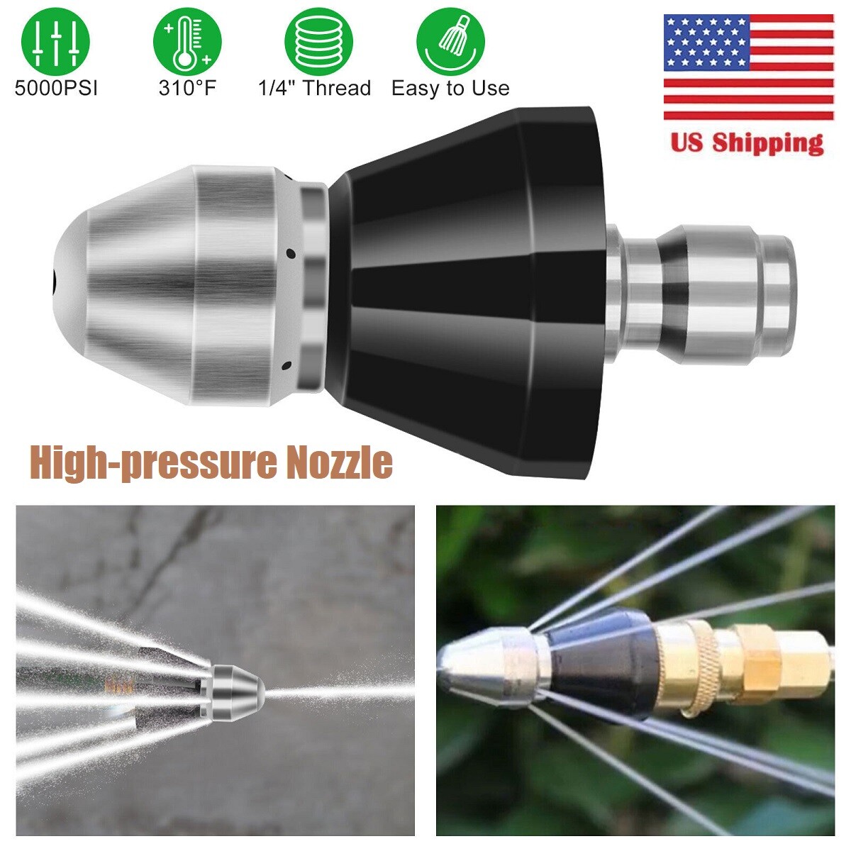 Sewer Cleaning Tool High-pressure Nozzle 5000psi Pipe Cleaner 1/4″ Connector USA