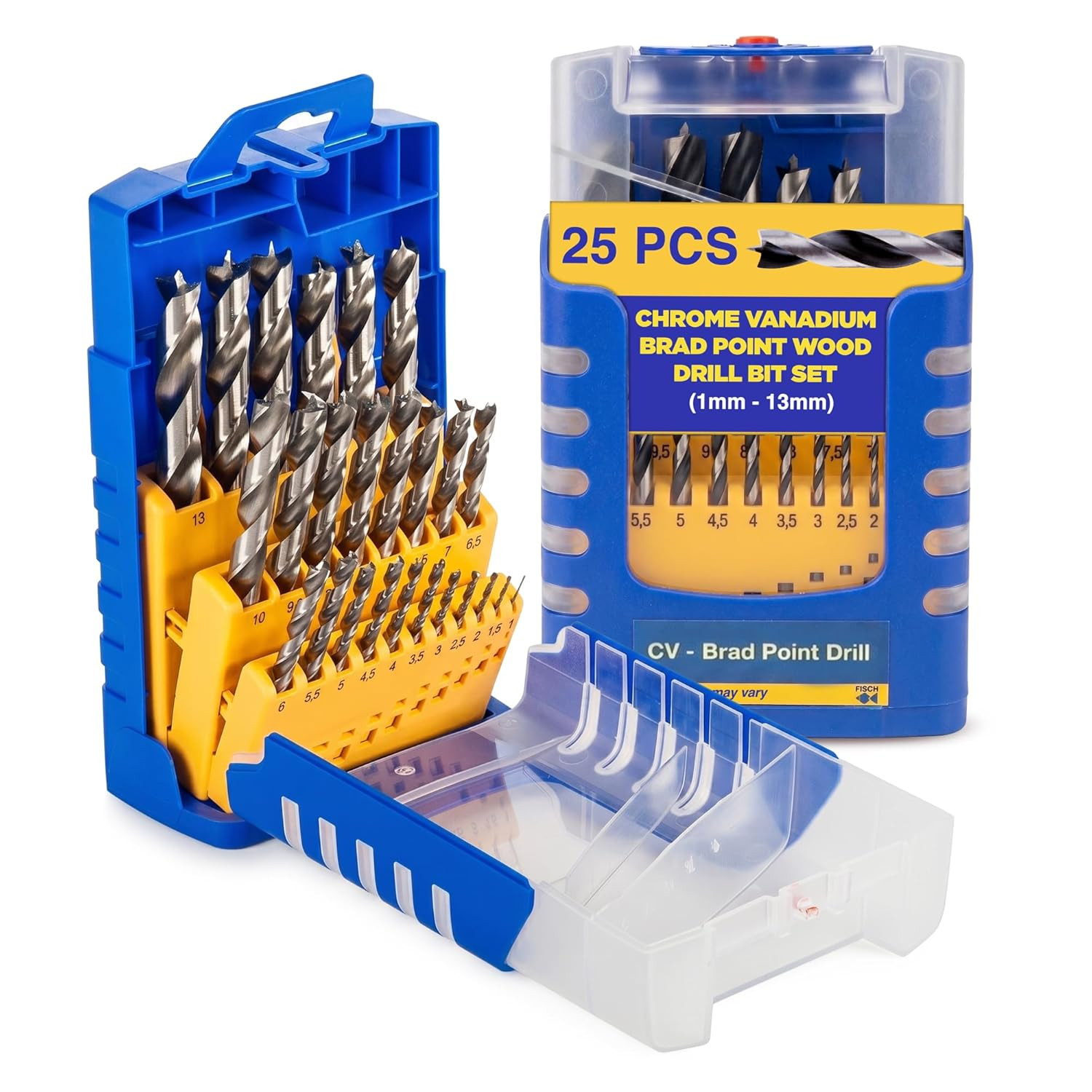 Brad Point Drill Bit Set, 25-Piece Chrome Vanadium Wood Drill Bits, Sizes from 1