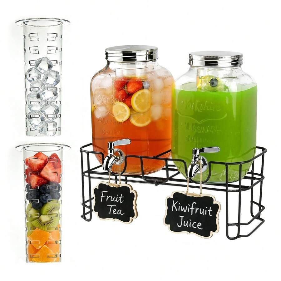 2 Pack 1 Gallon Glass Drink Dispenser With Stand Stainless Steel Faucet
