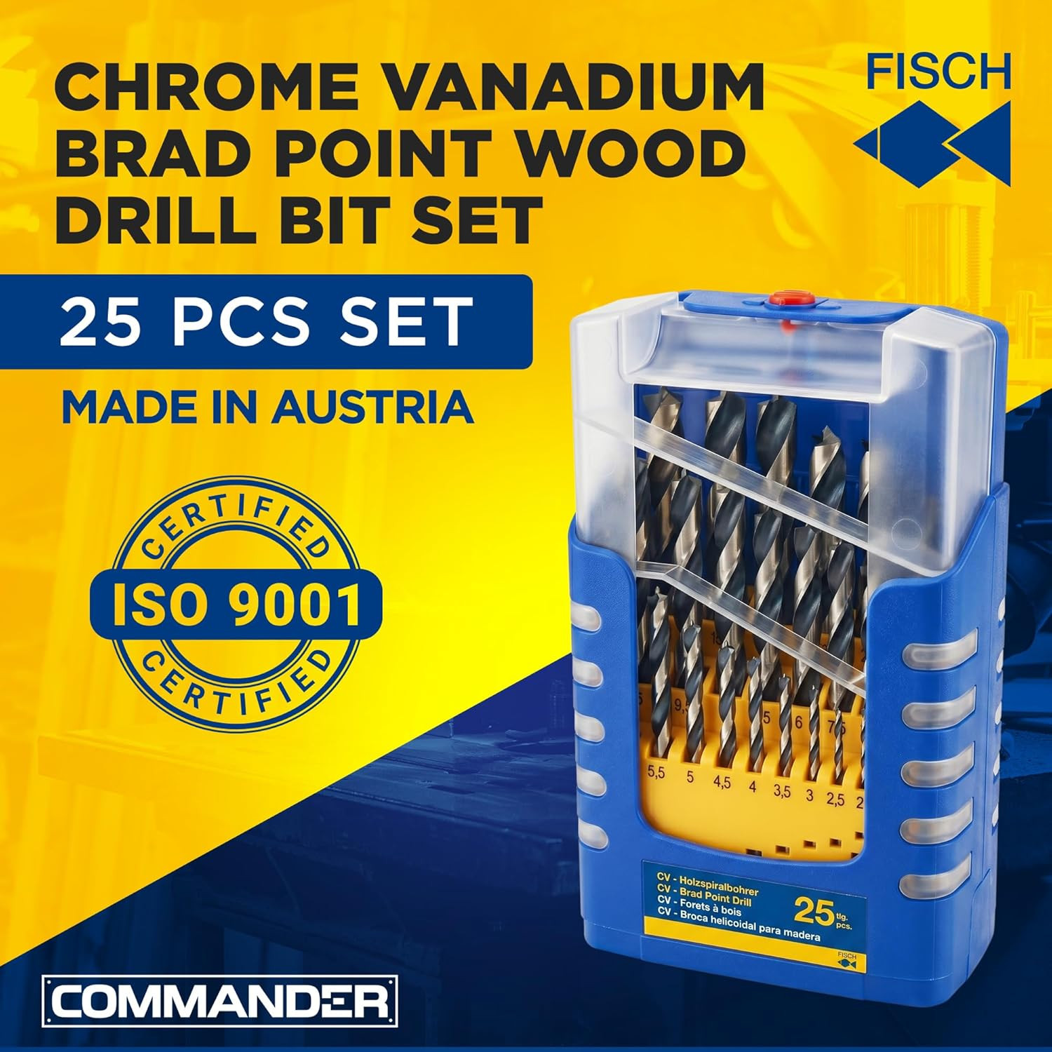 Brad Point Drill Bit Set, 25-Piece Chrome Vanadium Wood Drill Bits, Sizes from 1