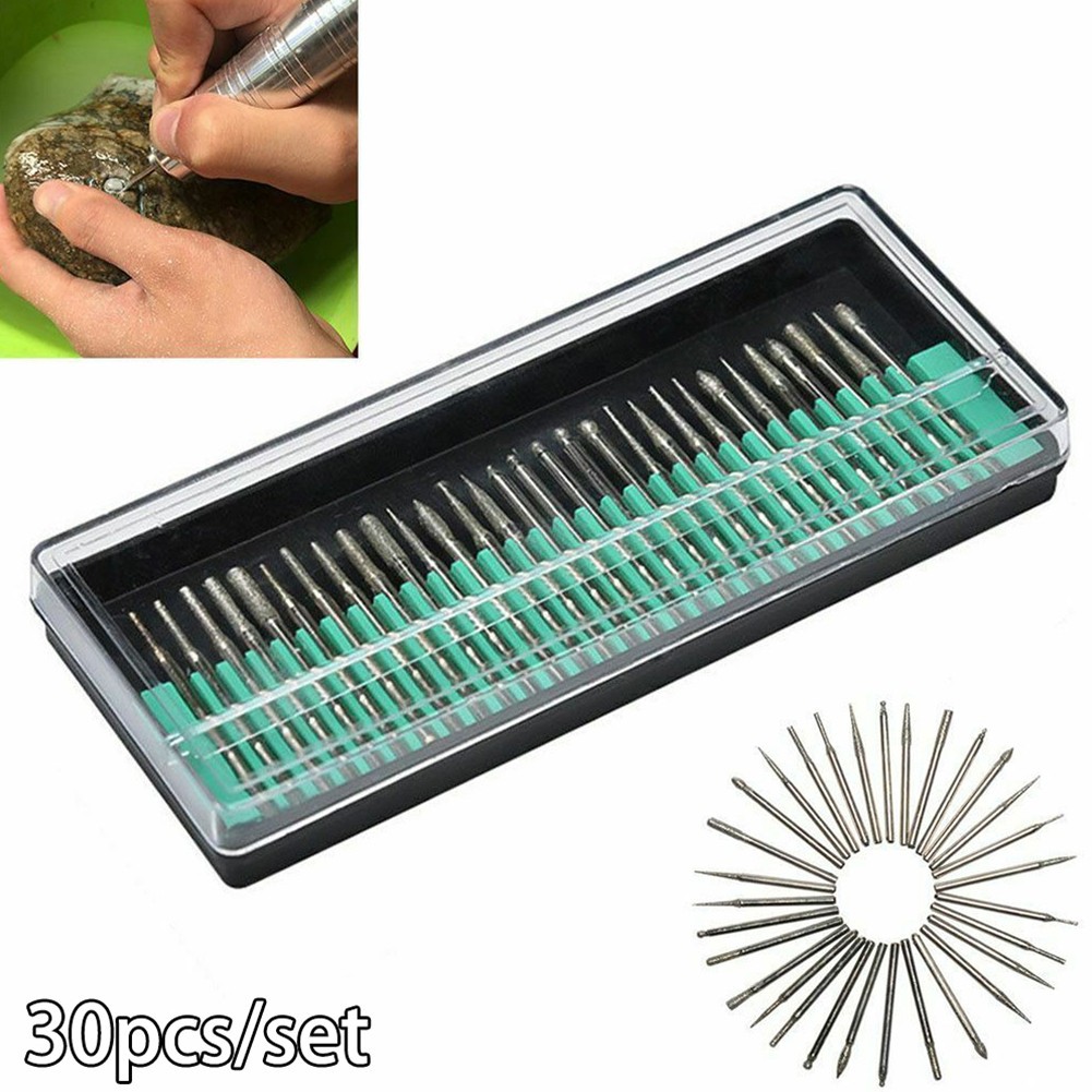 30 Pcs / Set 2.35mm Shank Diamond Burs W/ Box For Electric Grinder Power Tools