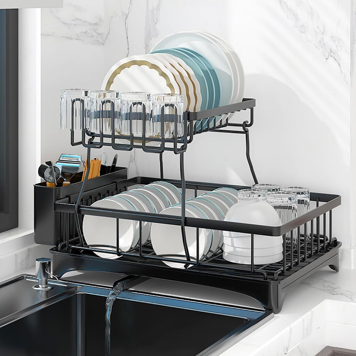 2 Tier Over Sink Dish Drying Rack Stainless Steel Kitchen Dish Drainer Organizer