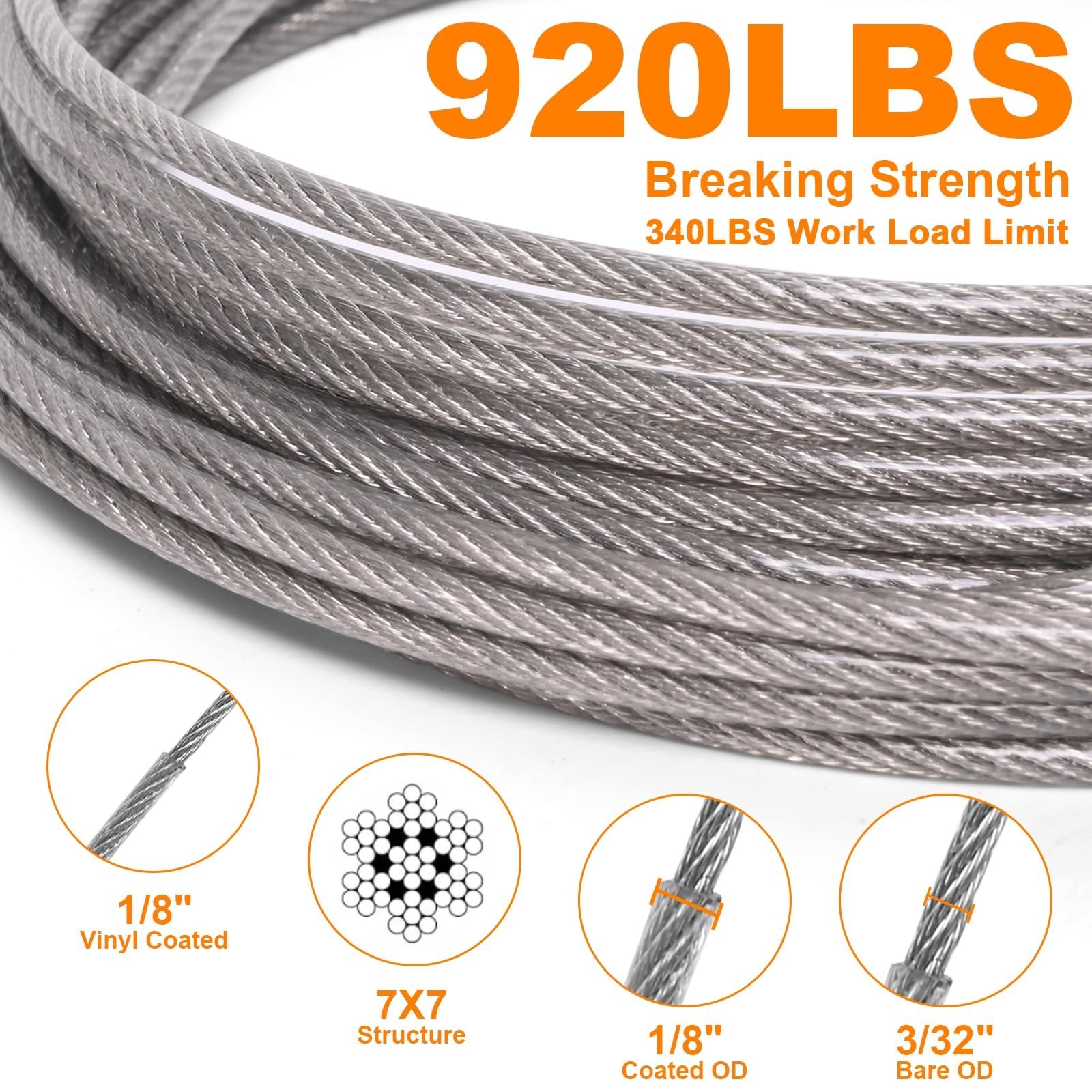 200FT 1/8″ Wire Rope Kit, Vinyl Coated 304 Stainless Steel Wire Cable, 7×7 St…
