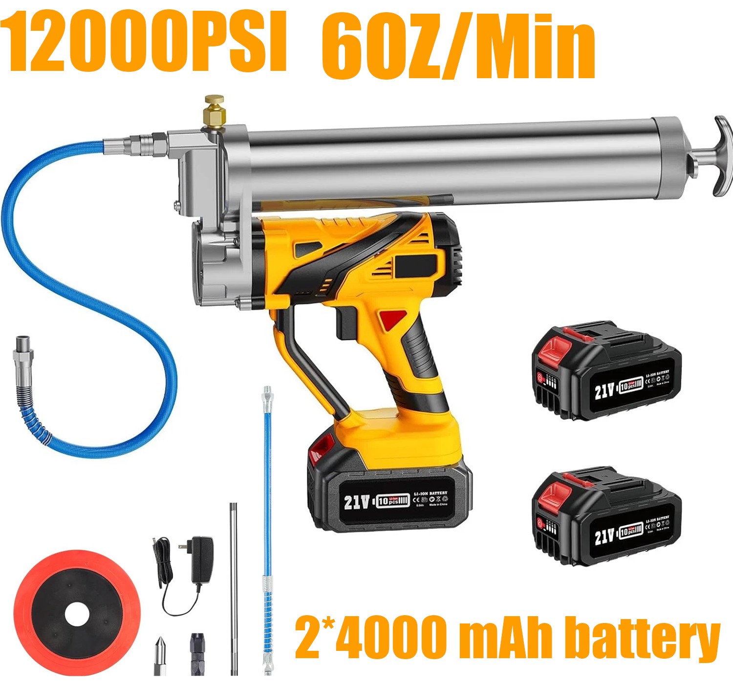 Grease Gun Battery Powered 12000 PSI Cordless Electric Grease Gun 2*4000 Battery