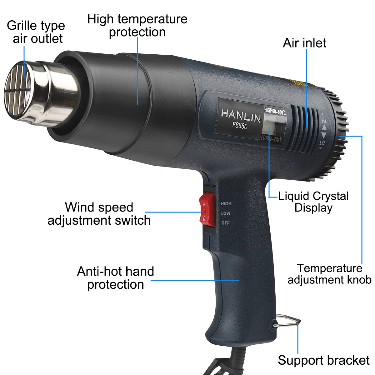 NEW Heat Gun Electric Hot Air Gun Dual Temperature LCD Display 4 Nozzles Tool US