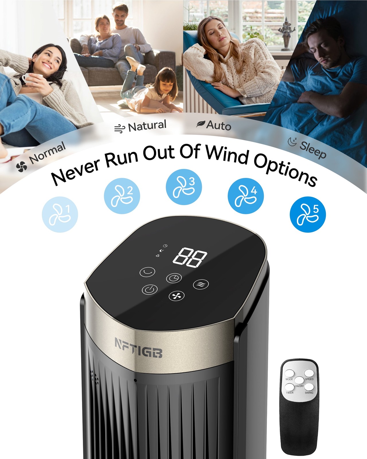 40″ Bladeless Tower Fan 5-Speed 70° Oscillation 35dB Quiet Remote Black White