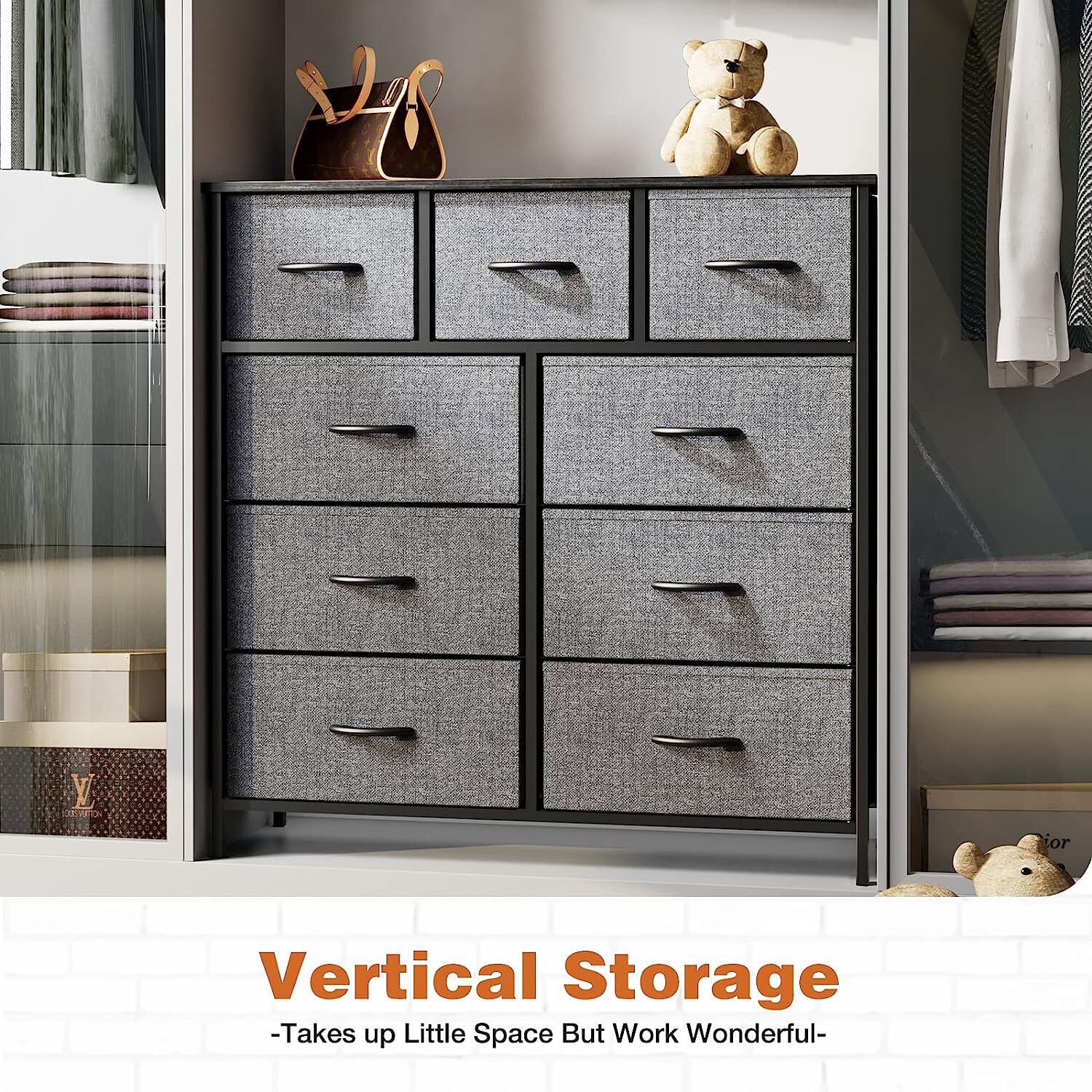 Gray 9 Storage Drawer Dresser for Bedroom Tall Wood Dresser Fabric Storage Tower
