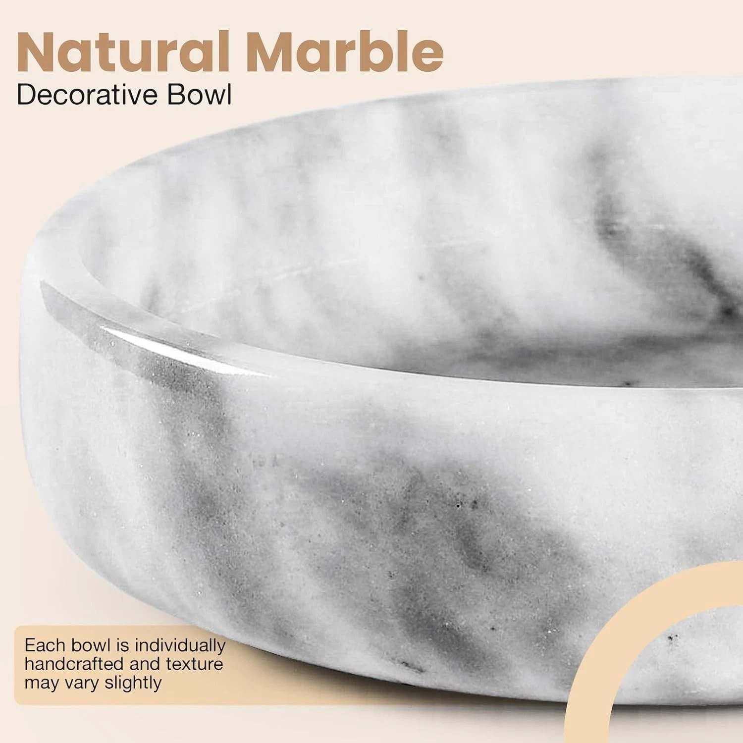 Marble Decorative Bowl 7.5in Handcrafted White Grey Solid Marble Centerpiece
