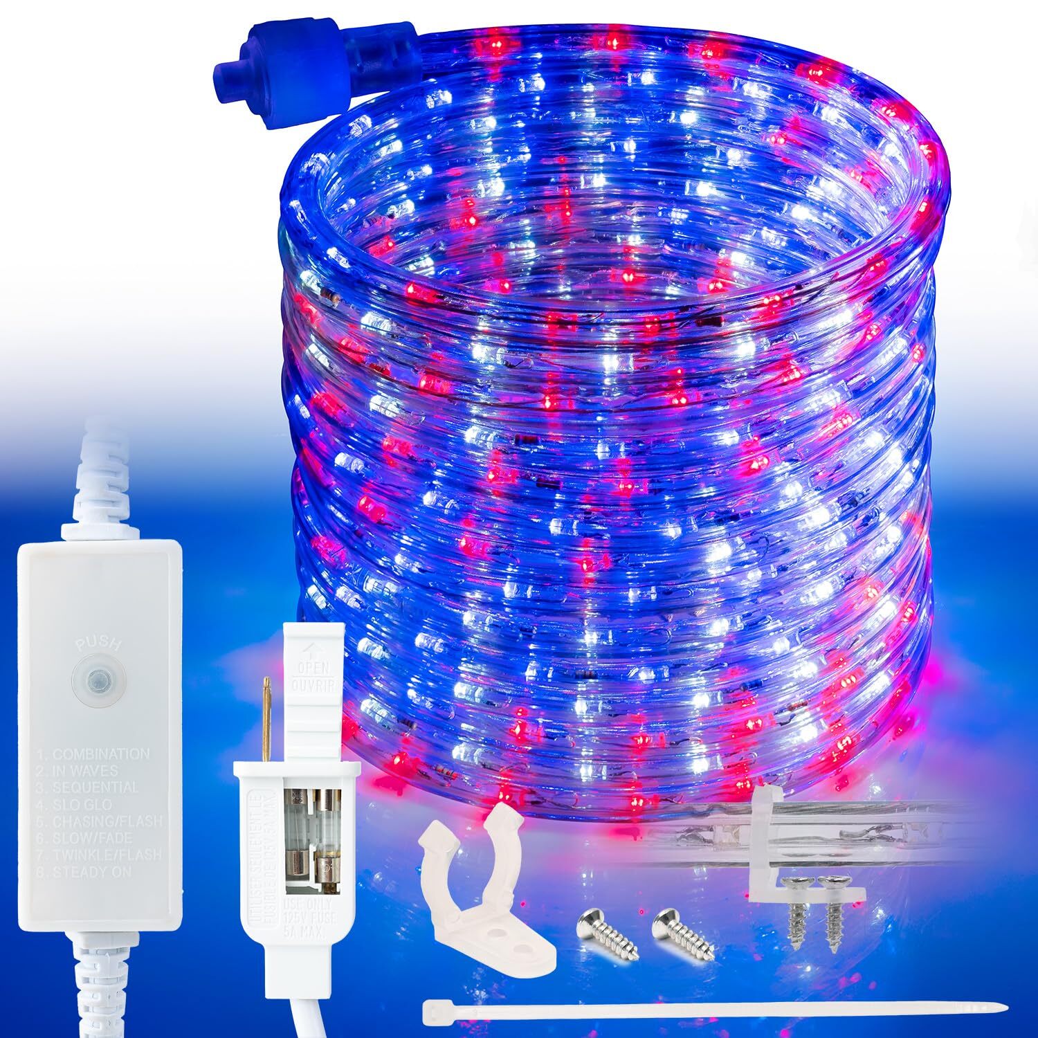 USA RWB 8-Mode LED Outdoor Waterproof Rope Light 10′ 25′ 50′ 100′ 150′ 300’ft