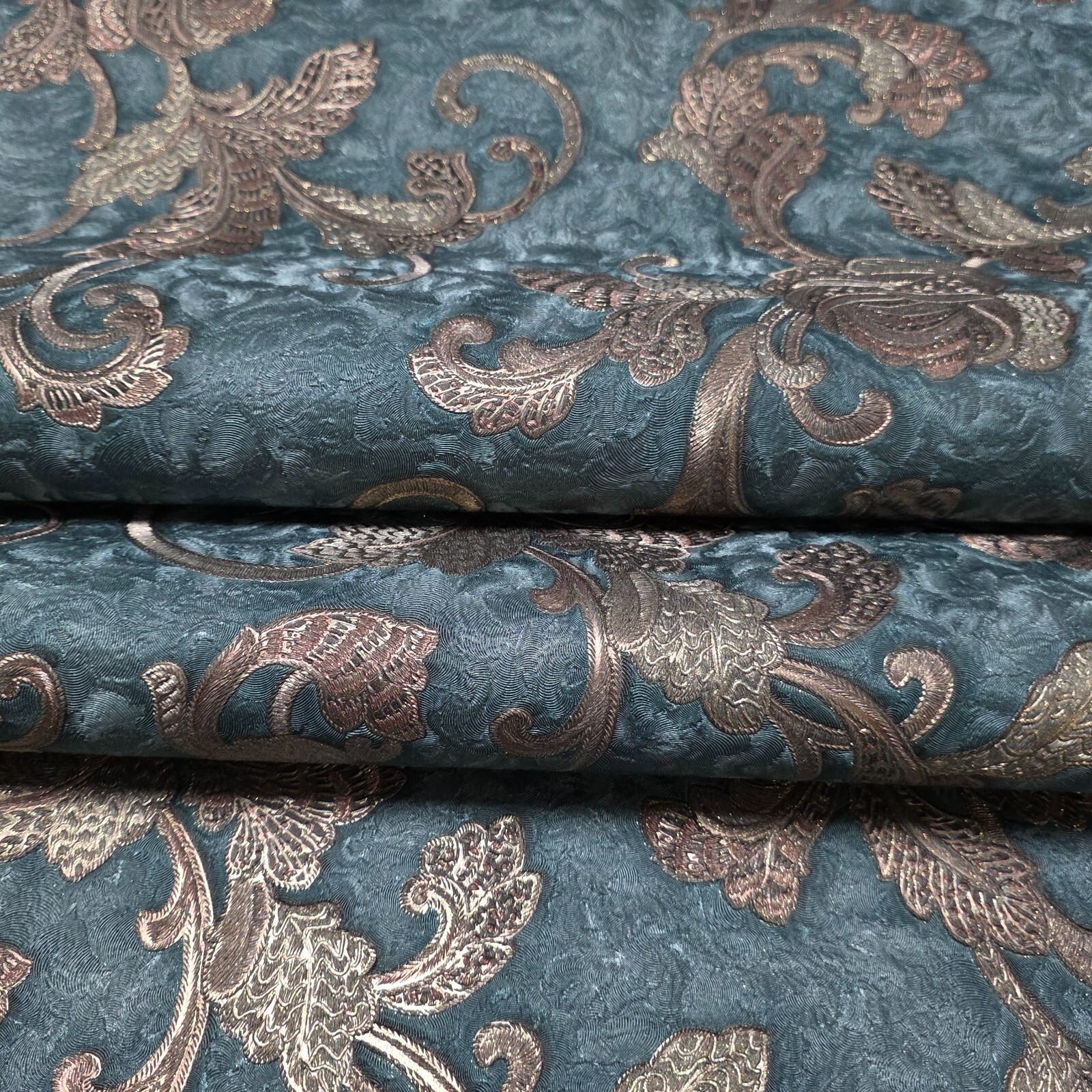 Dark Teal green blue bronze metallic plaster textured floral damask Wallpaper 3D