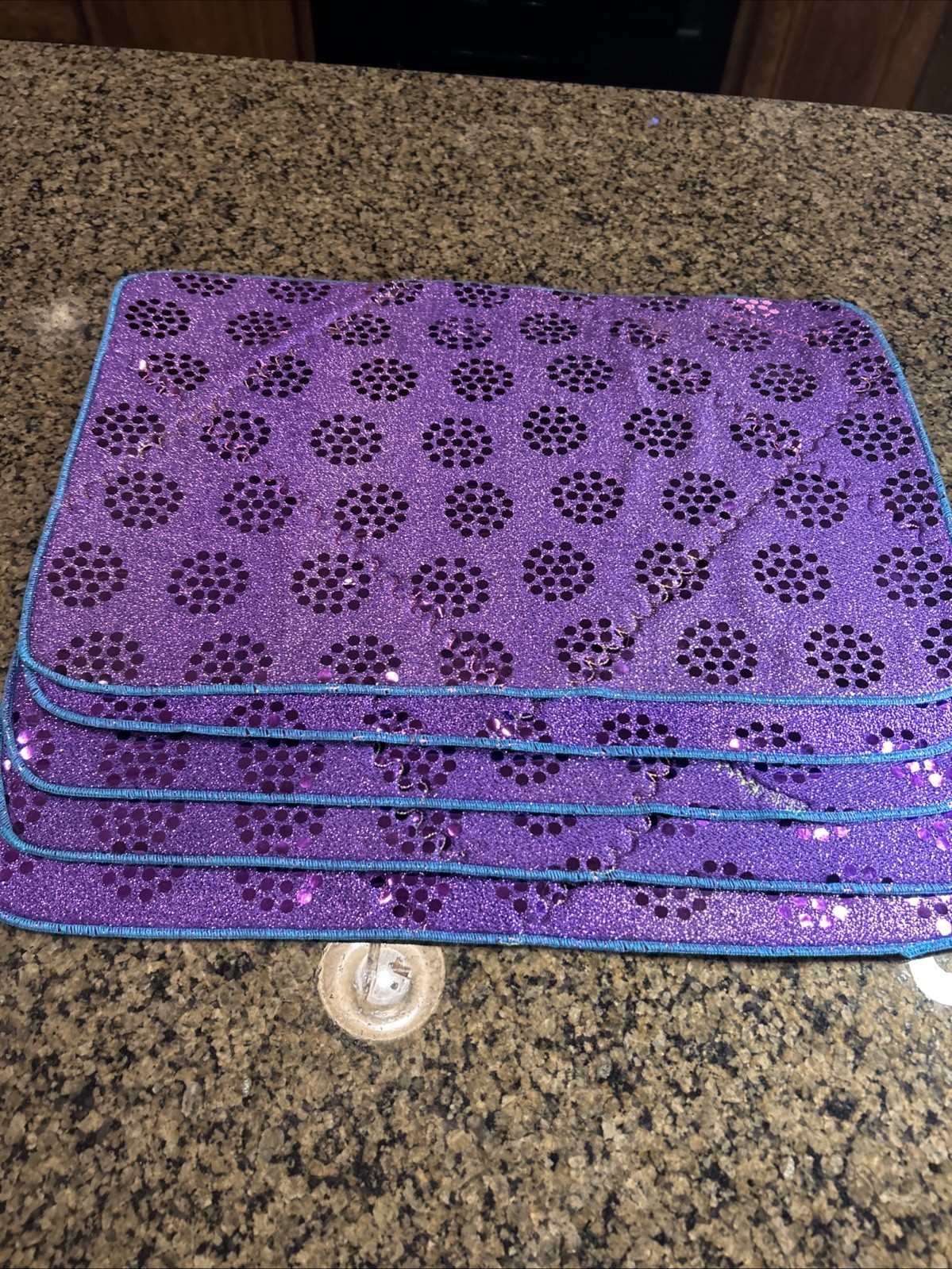 Shiny Purple Padded Placemats Dotted Purple Flowers & Turquoise Edge 18.75×12.5”