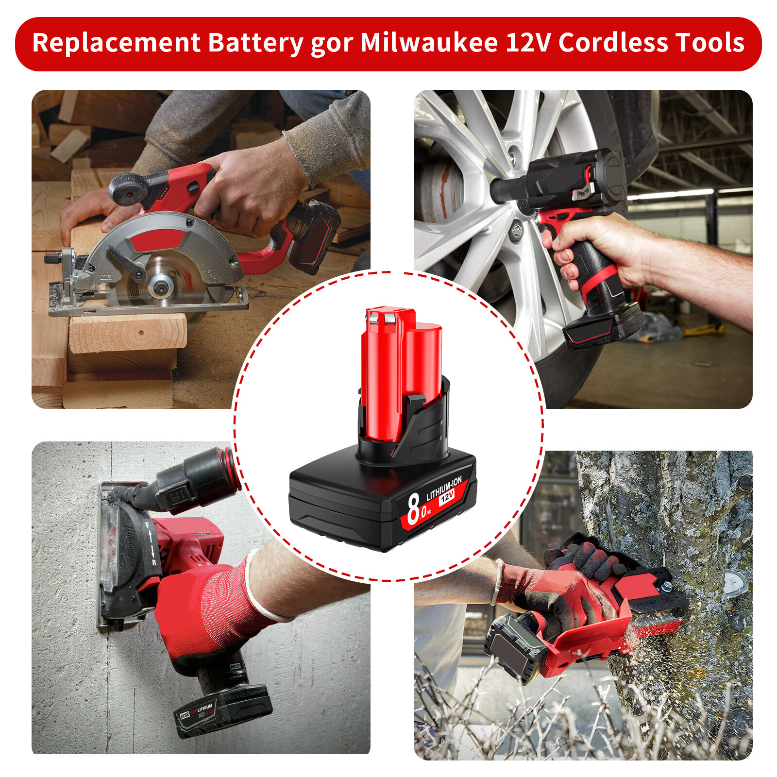 For Milwaukee 48-11-2460 For M12 LITHIUM 8.0Ah Extended Capacity Battery